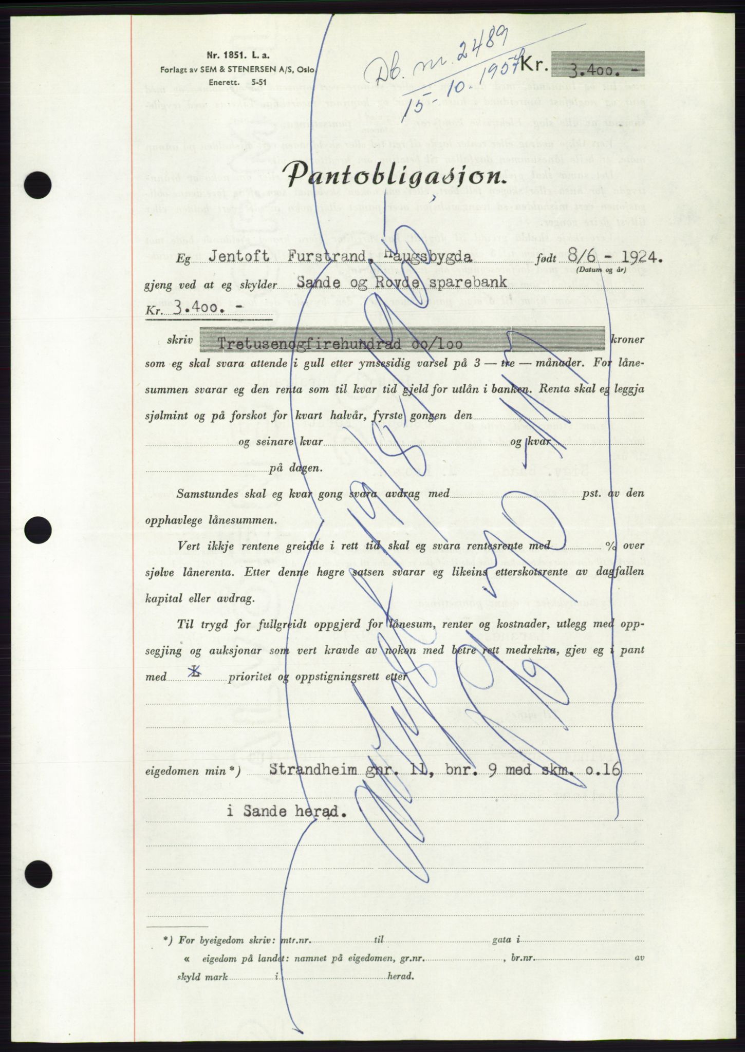 Søre Sunnmøre sorenskriveri, AV/SAT-A-4122/1/2/2C/L0130: Mortgage book no. 18B, 1957-1958, Diary no: : 2489/1957