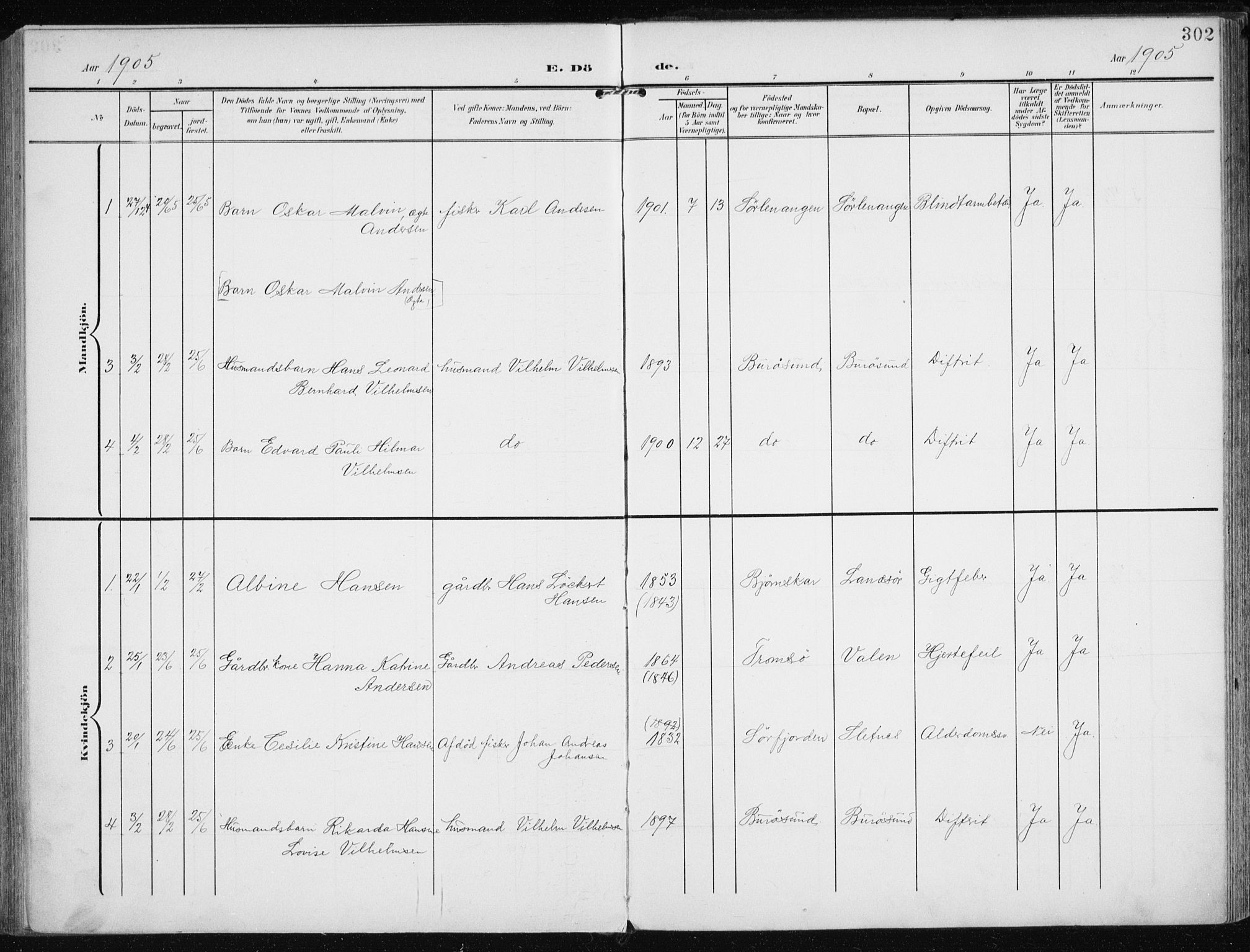 Karlsøy sokneprestembete, SATØ/S-1299/H/Ha/Haa/L0014kirke: Parish register (official) no. 14, 1903-1917, p. 302