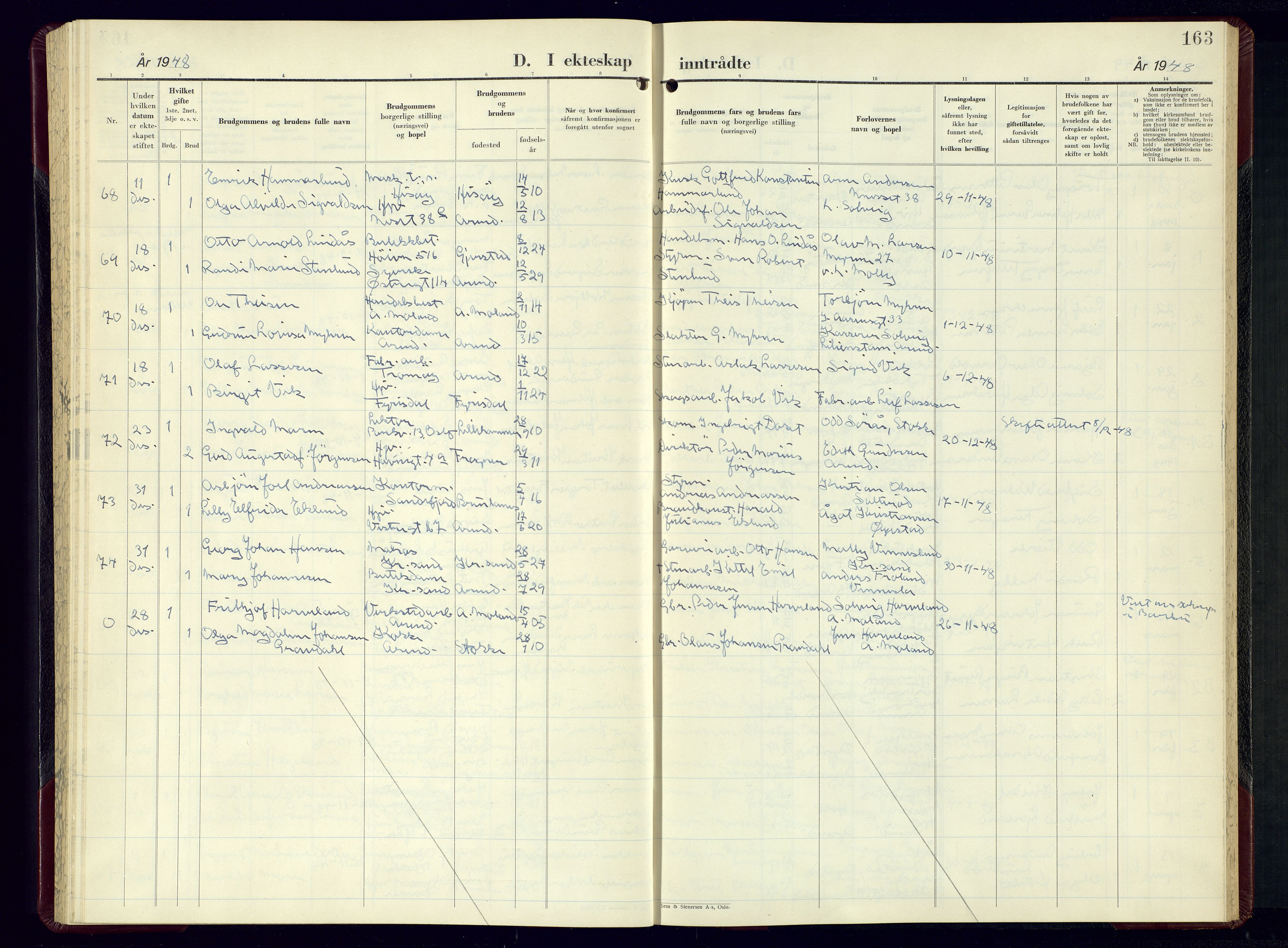 Arendal sokneprestkontor, Trefoldighet, AV/SAK-1111-0040/F/Fb/L0010: Parish register (copy) no. B-10, 1949-1960, p. 163