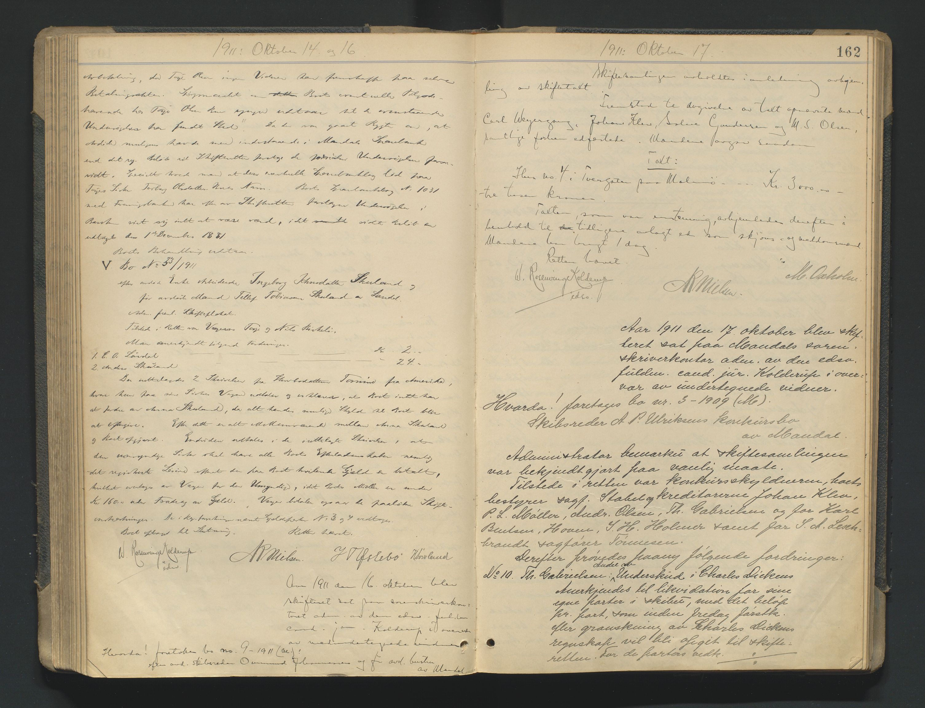 Mandal sorenskriveri, AV/SAK-1221-0005/001/H/Hc/L0081: Skifteforhandlingsprotokoll nr 13, 1909-1913, p. 162
