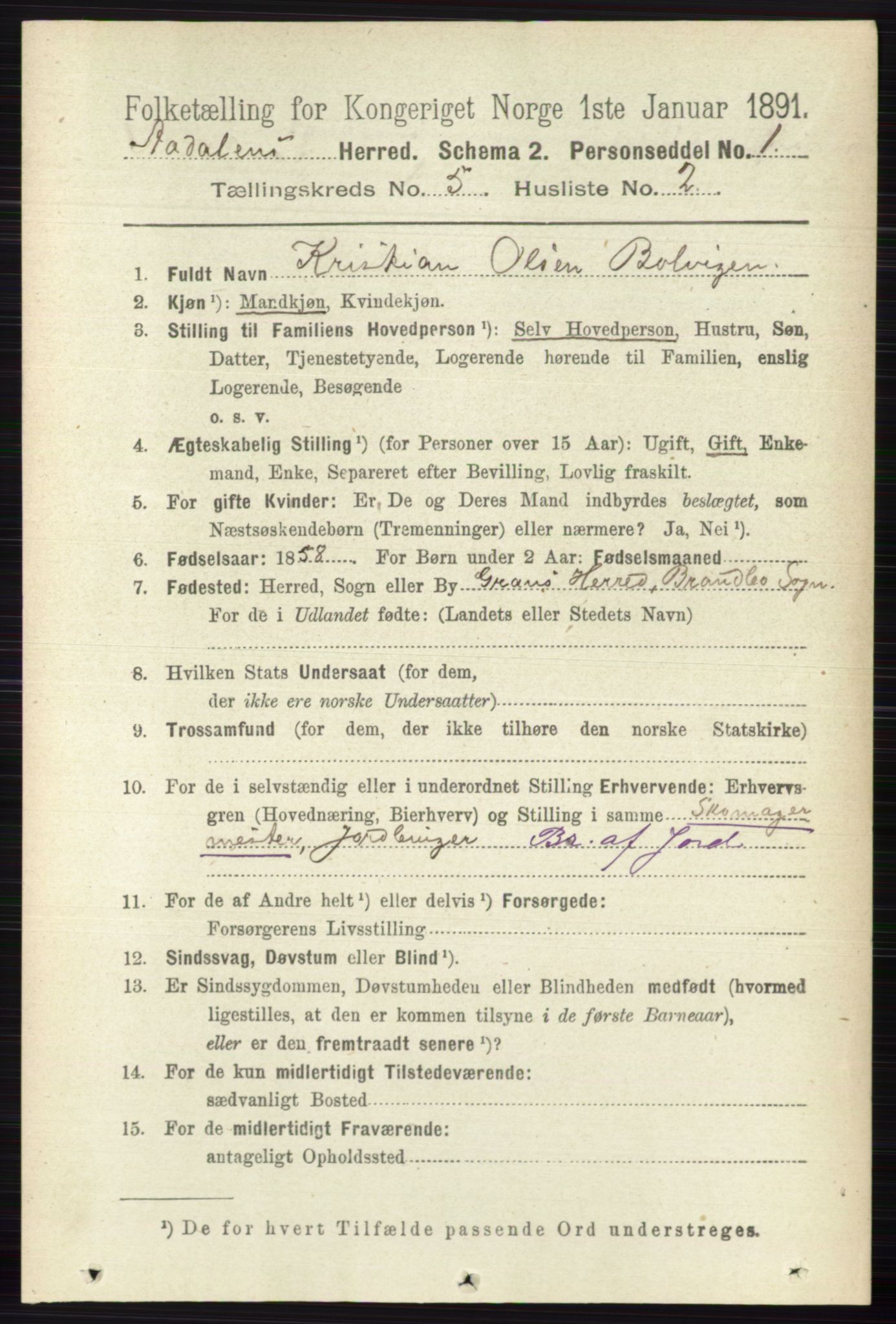 RA, 1891 census for 0614 Ådal, 1891, p. 2019