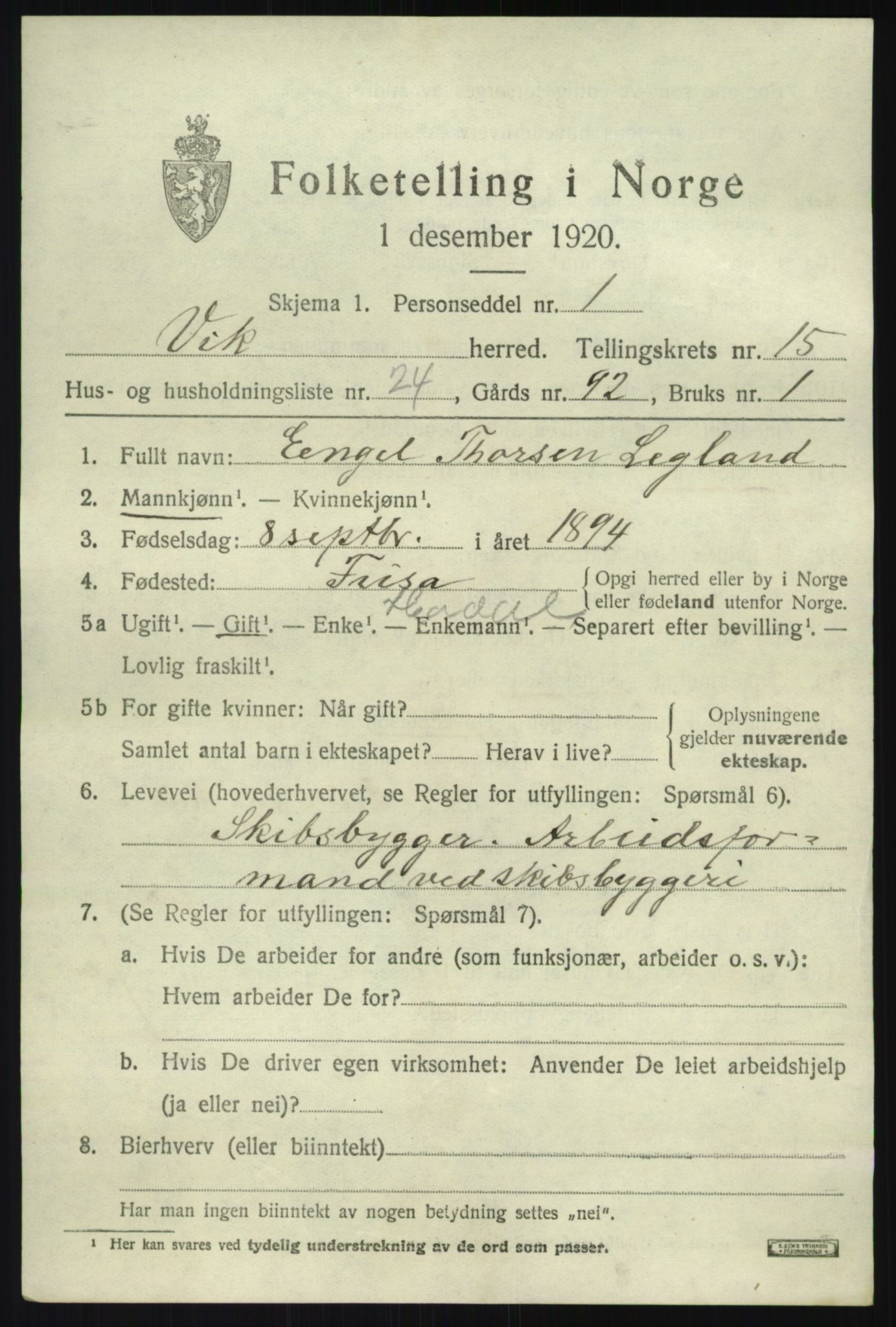 SAB, 1920 census for Vik, 1920, p. 8071