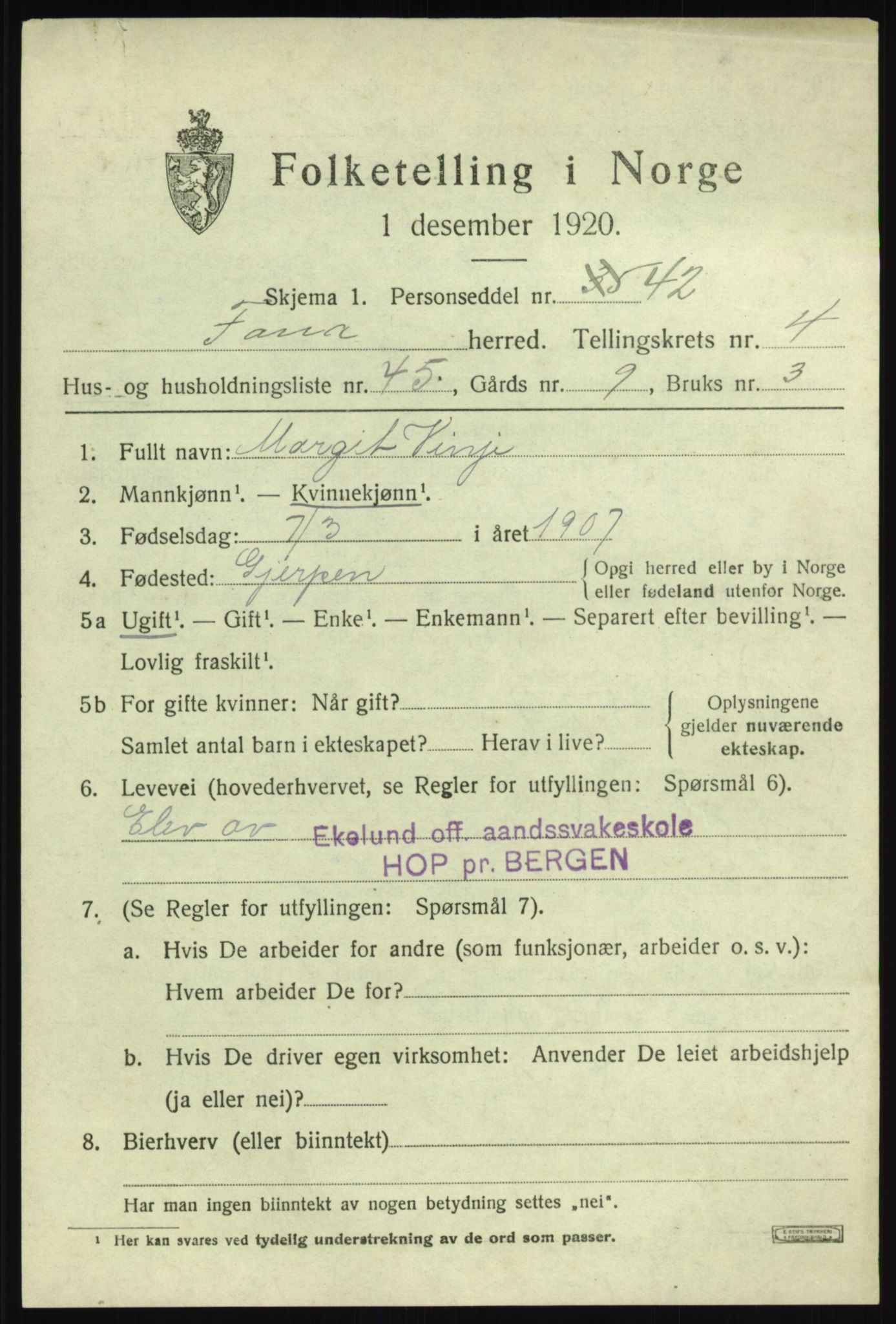 SAB, 1920 census for Fana, 1920, p. 6271