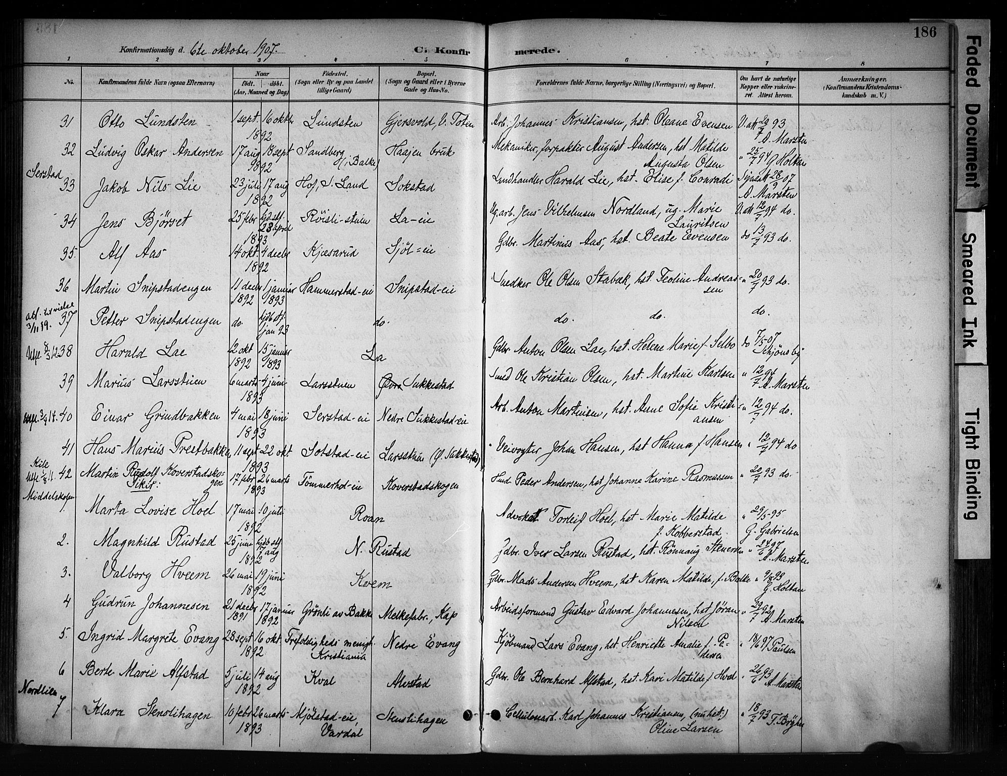 Østre Toten prestekontor, AV/SAH-PREST-104/H/Ha/Haa/L0008: Parish register (official) no. 8, 1897-1909, p. 186