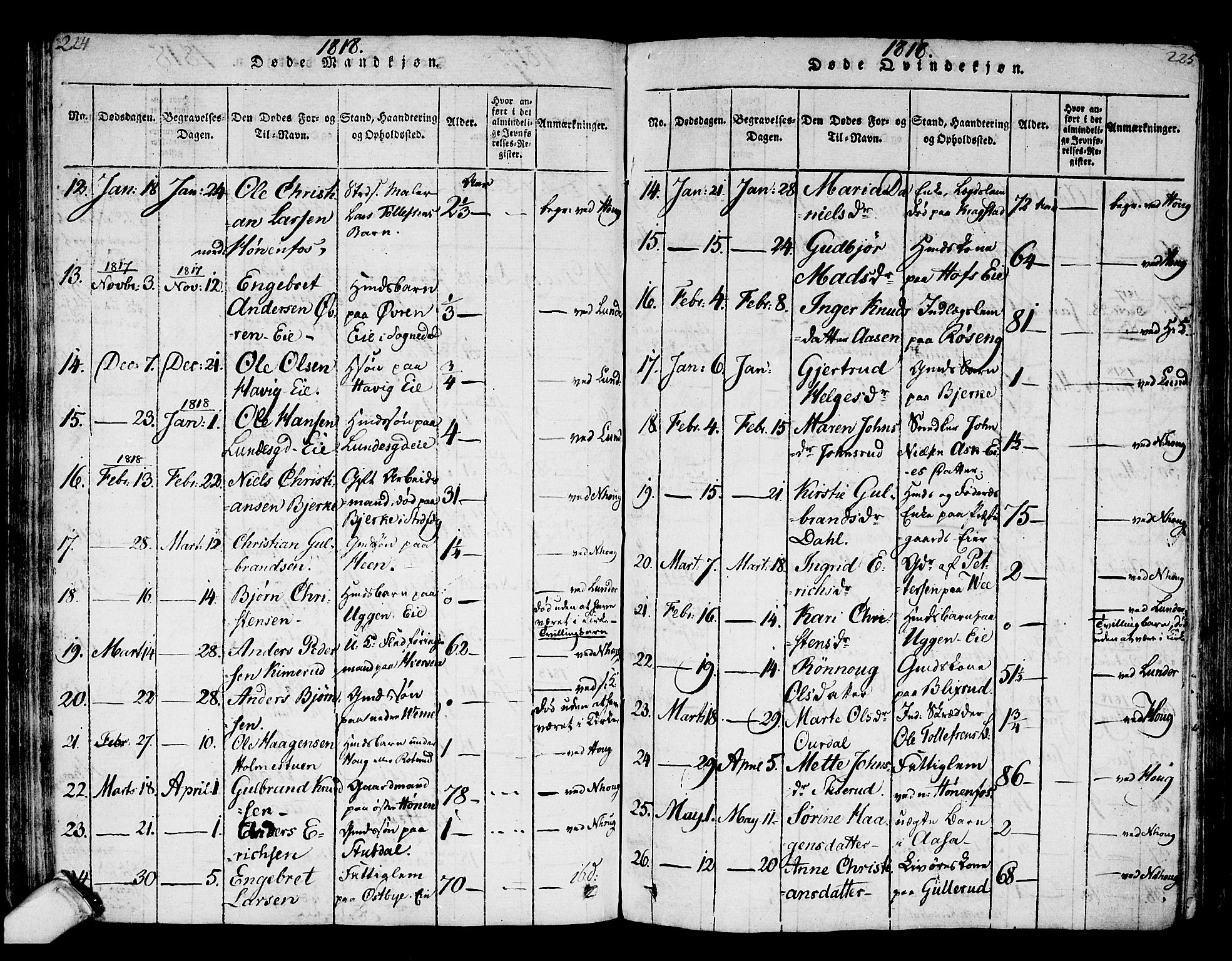 Norderhov kirkebøker, AV/SAKO-A-237/F/Fa/L0008: Parish register (official) no. 8, 1814-1833, p. 224-225