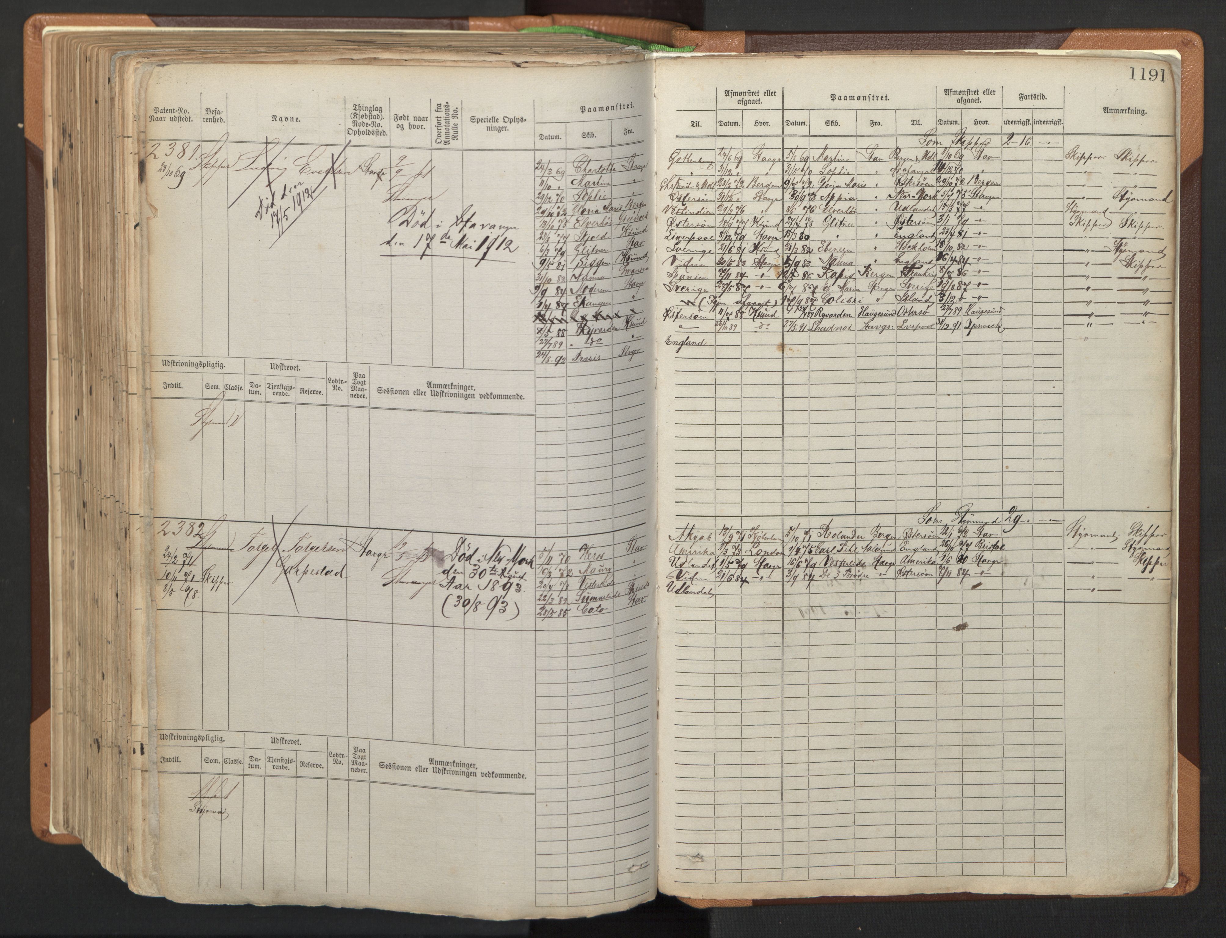 Stavanger sjømannskontor, AV/SAST-A-102006/F/Fb/Fbb/L0006: Sjøfartshovedrulle, patentnr. 1607-2402 (del 3), 1869-1880, p. 391