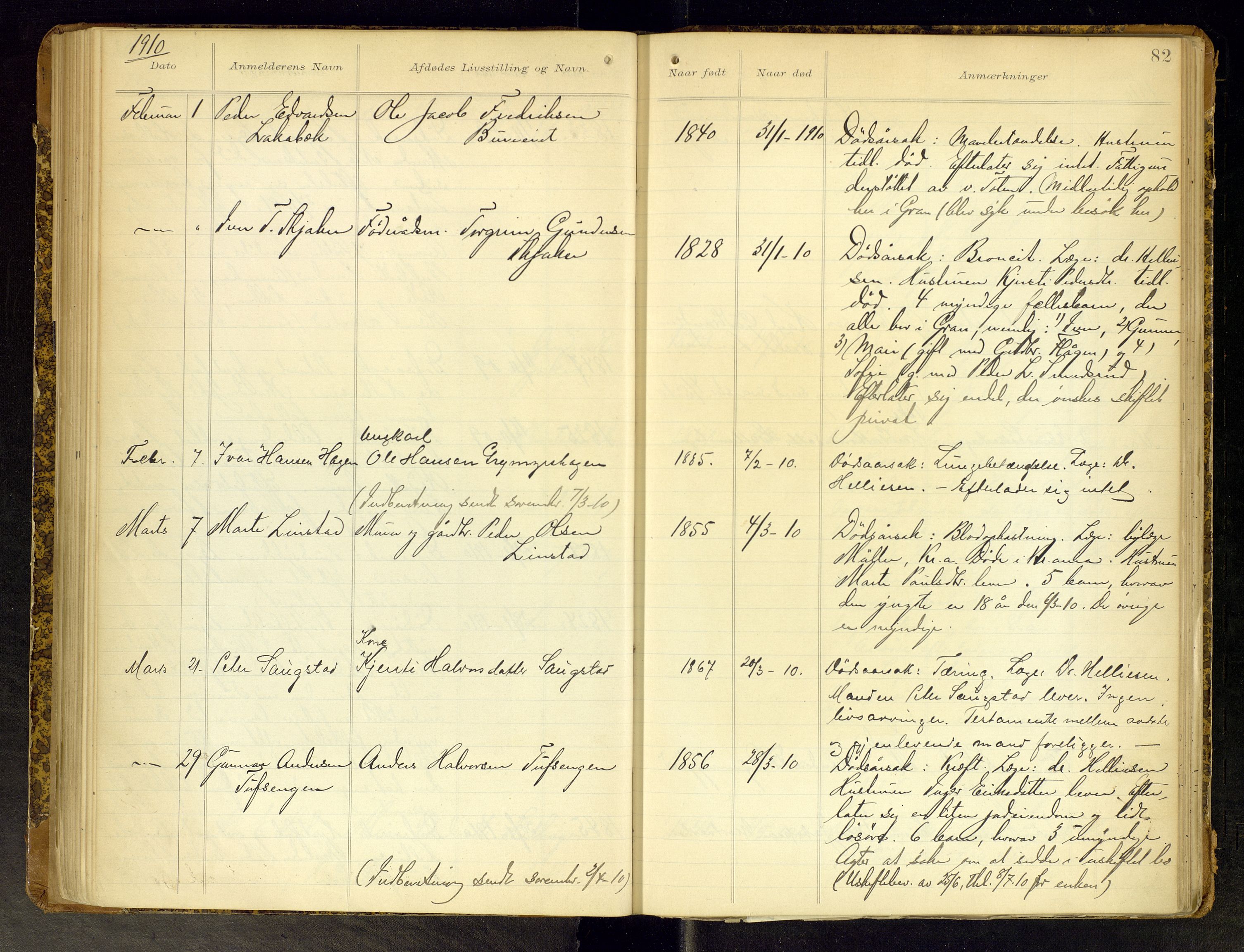 Gran lensmannskontor, SAH/LOG-010/H/Ha/L0002: Dødsfallsprotokoll, 1899-1917, p. 82