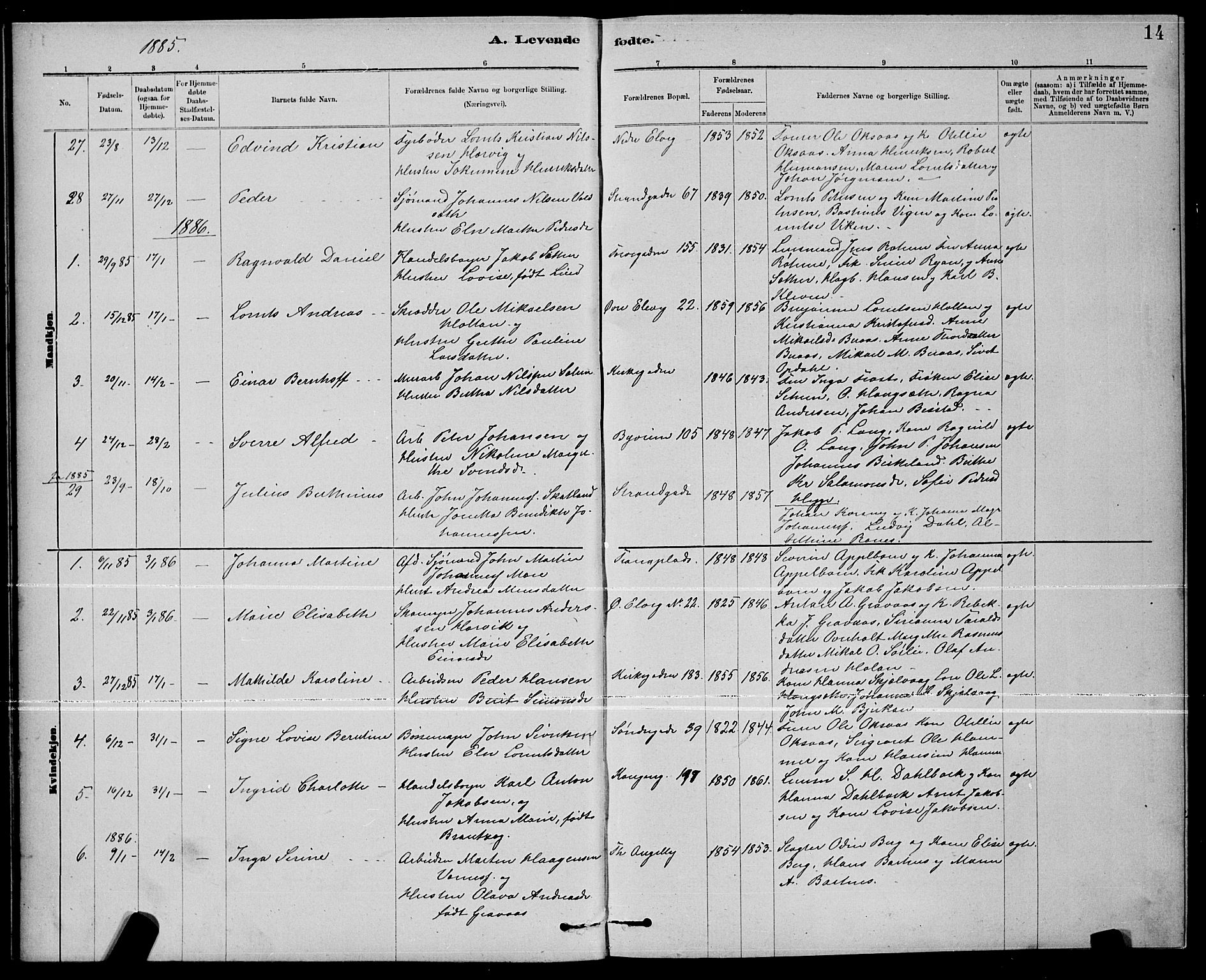 Ministerialprotokoller, klokkerbøker og fødselsregistre - Nord-Trøndelag, SAT/A-1458/739/L0374: Parish register (copy) no. 739C02, 1883-1898, p. 14
