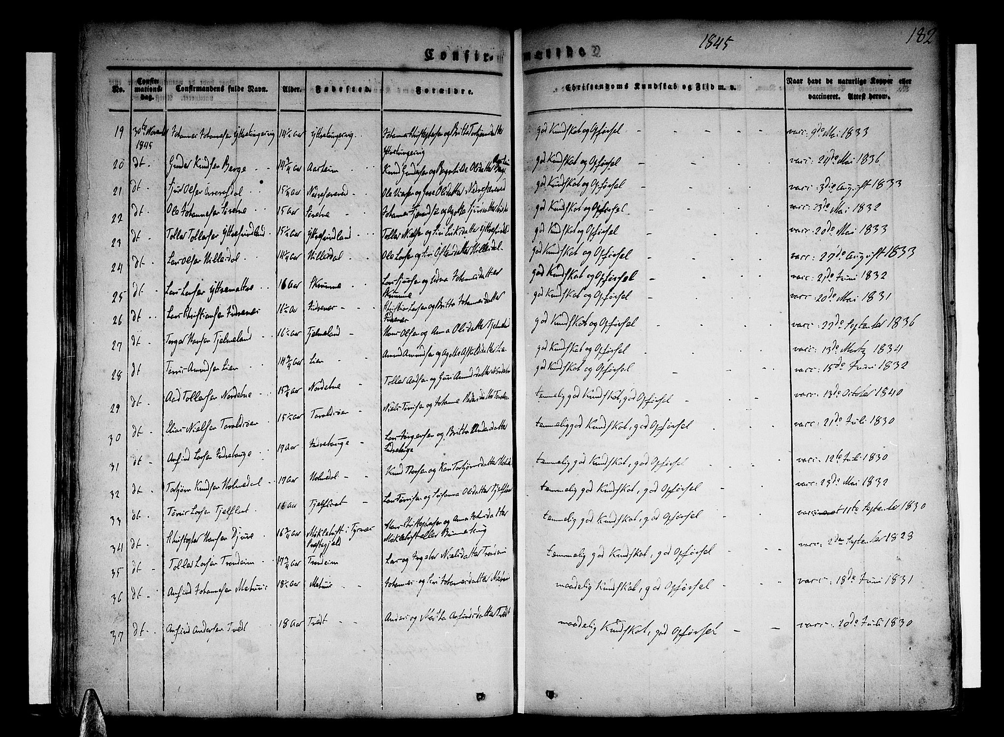 Skånevik sokneprestembete, AV/SAB-A-77801/H/Haa: Parish register (official) no. A 4, 1828-1848, p. 182