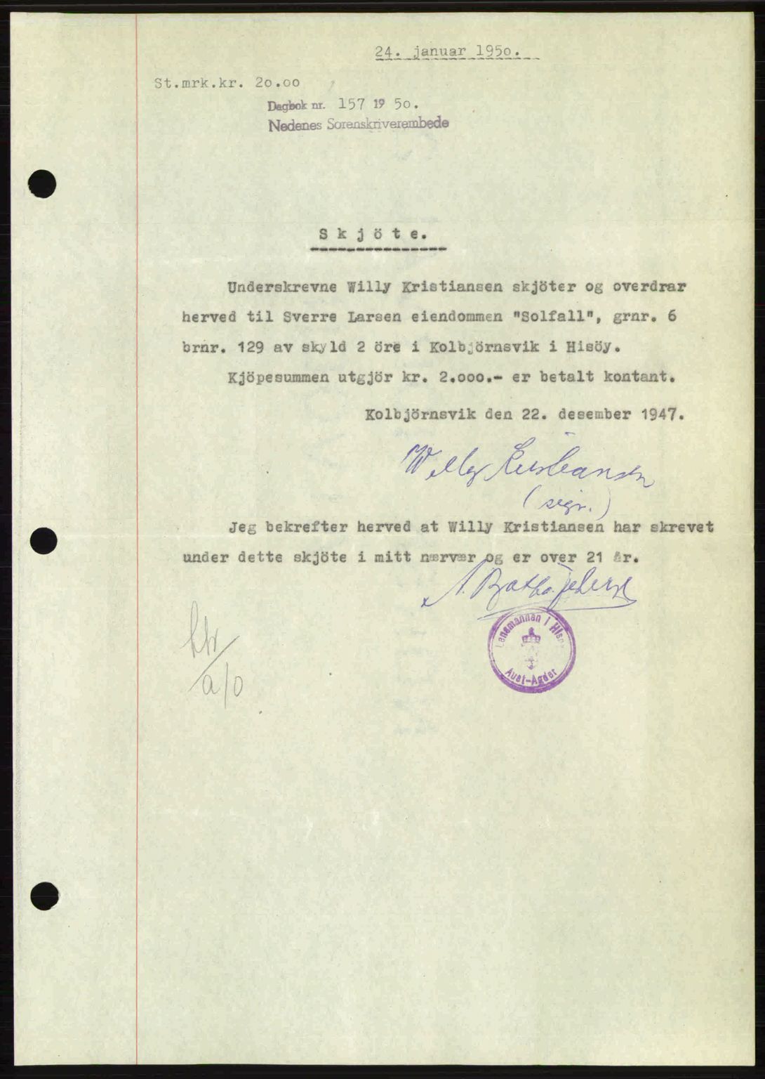 Nedenes sorenskriveri, SAK/1221-0006/G/Gb/Gba/L0062: Mortgage book no. A14, 1949-1950, Diary no: : 157/1950