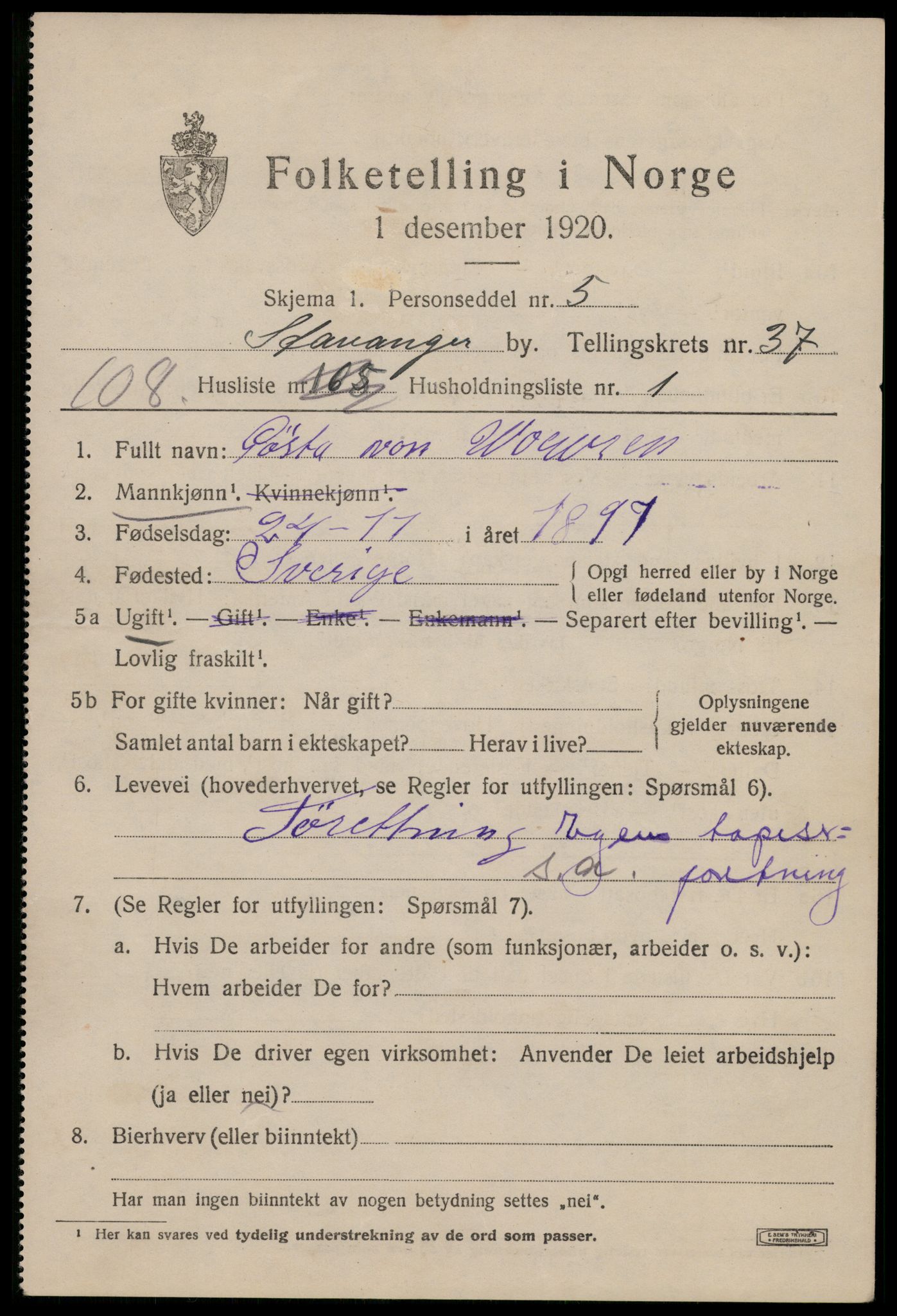 SAST, 1920 census for Stavanger, 1920, p. 99234