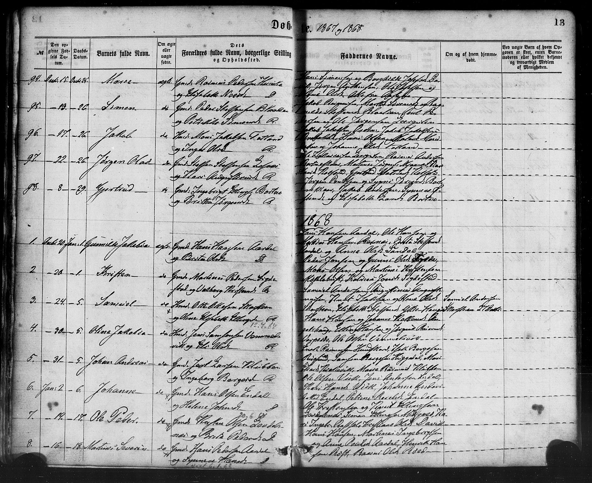 Davik sokneprestembete, SAB/A-79701/H/Haa/Haaa/L0006: Parish register (official) no. A 6, 1867-1881, p. 13