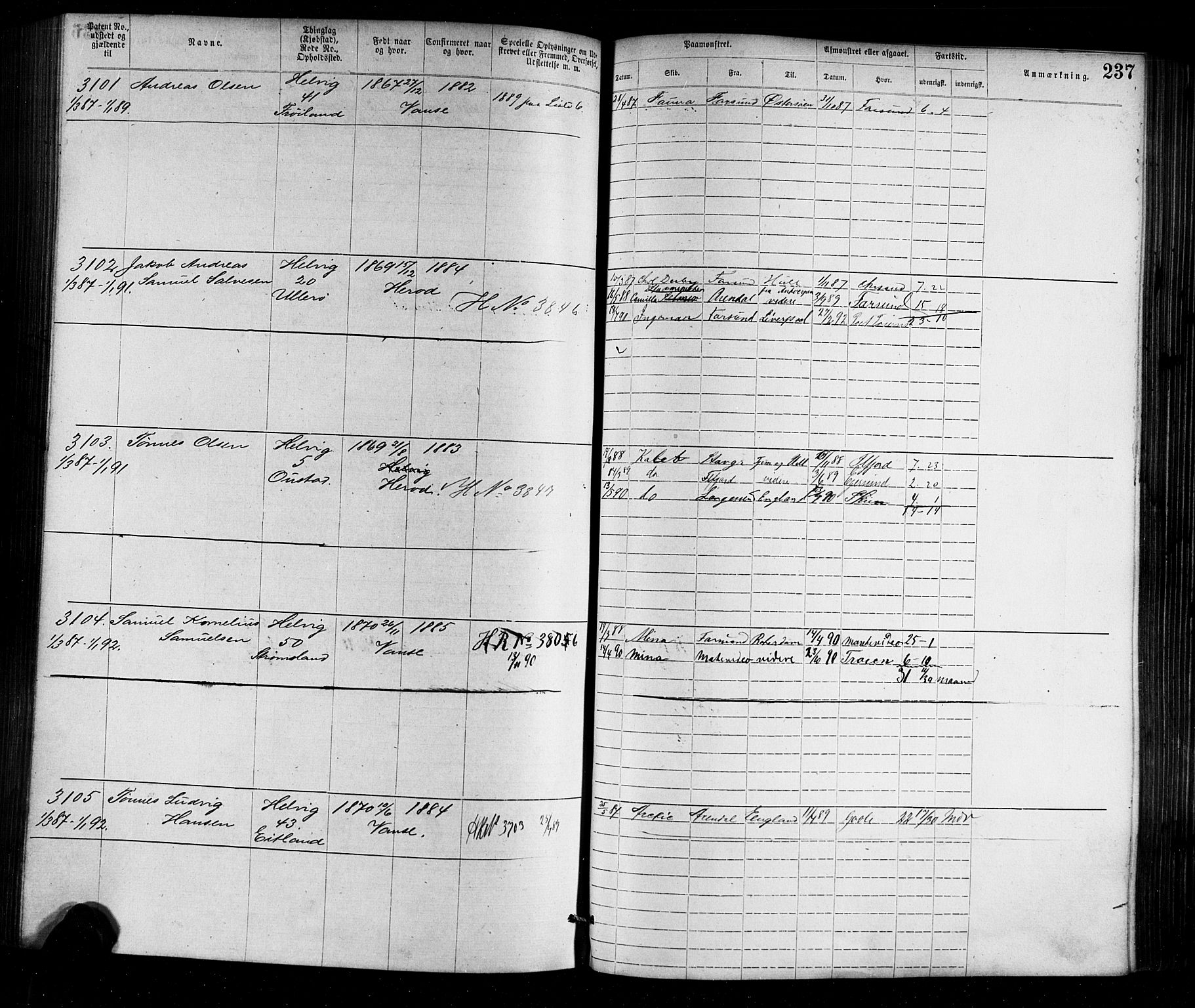 Farsund mønstringskrets, SAK/2031-0017/F/Fa/L0002: Annotasjonsrulle nr 1921-3815 med register, M-2, 1877-1894, p. 267