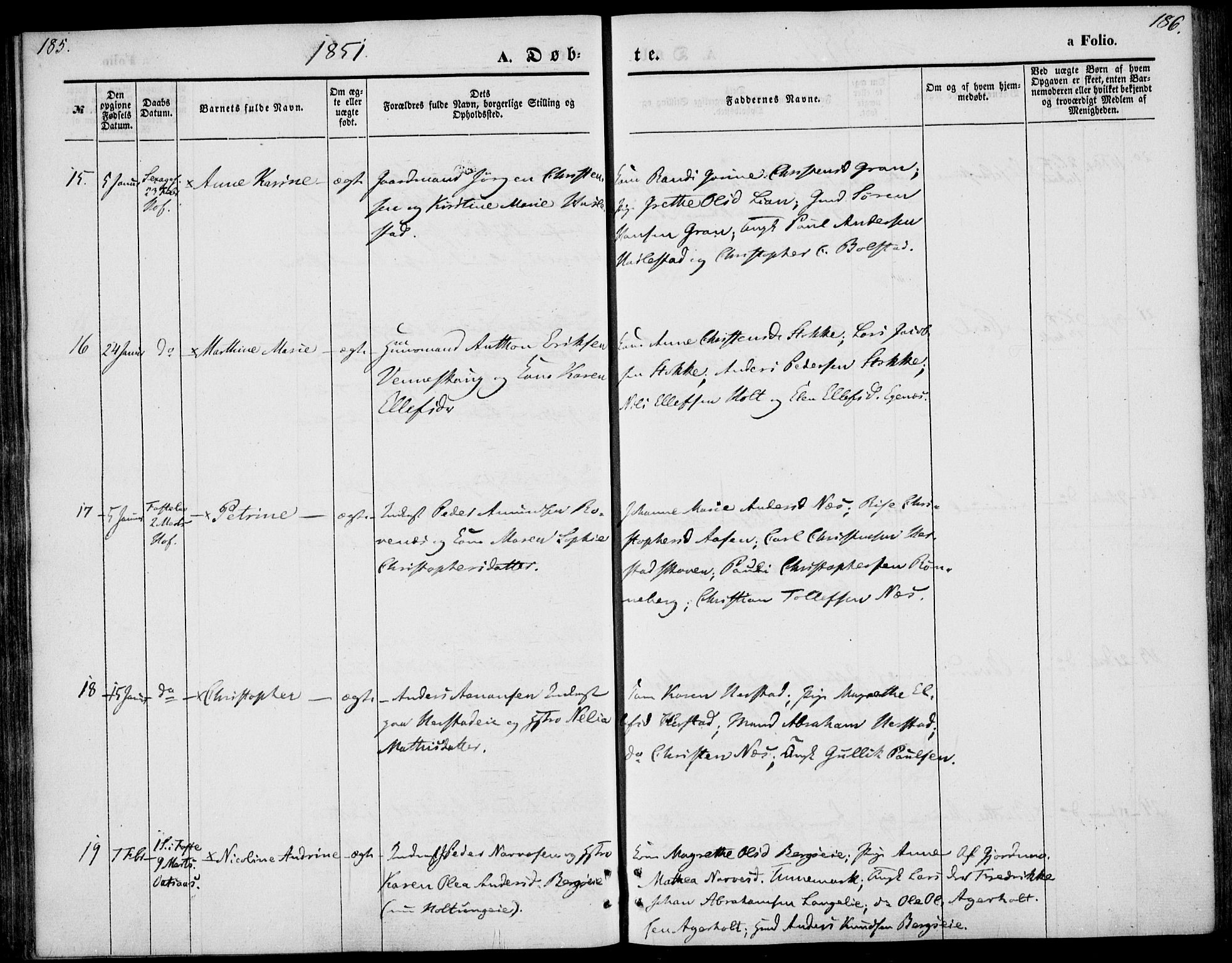 Hof kirkebøker, AV/SAKO-A-64/F/Fa/L0005: Parish register (official) no. I 5, 1844-1851, p. 185-186