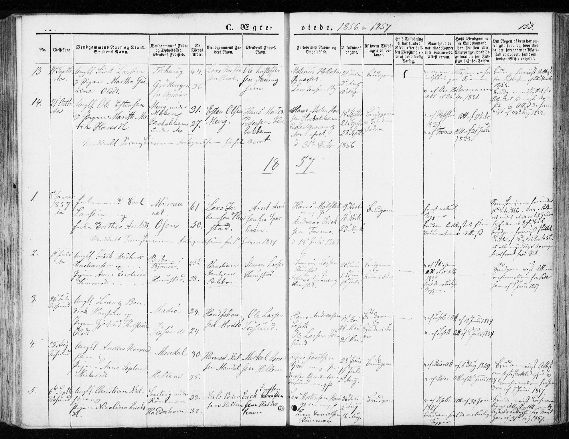 Ministerialprotokoller, klokkerbøker og fødselsregistre - Sør-Trøndelag, SAT/A-1456/655/L0677: Parish register (official) no. 655A06, 1847-1860, p. 153
