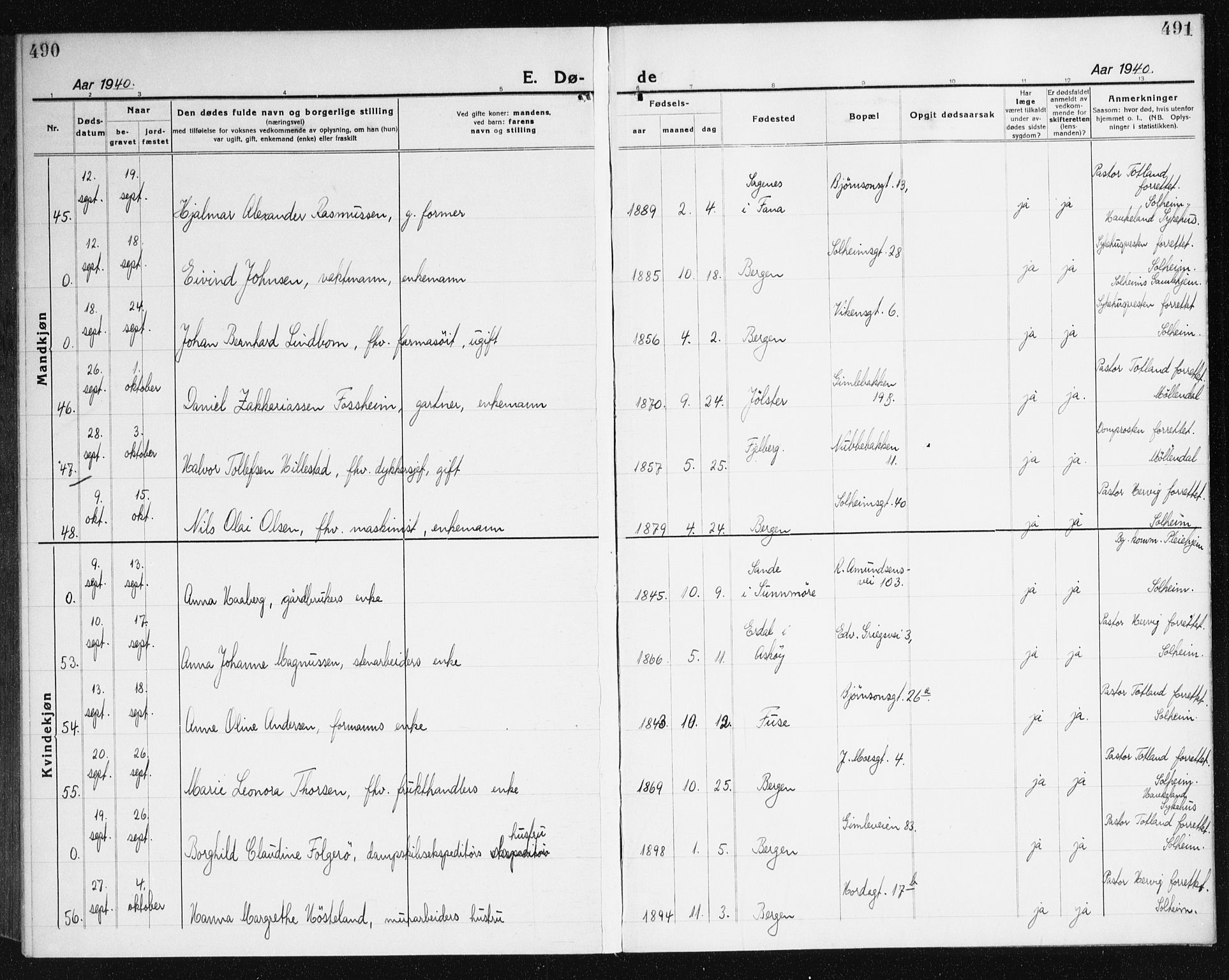 Årstad Sokneprestembete, AV/SAB-A-79301/H/Haa/L0010: Parish register (official) no. E 1, 1921-1940, p. 490-491