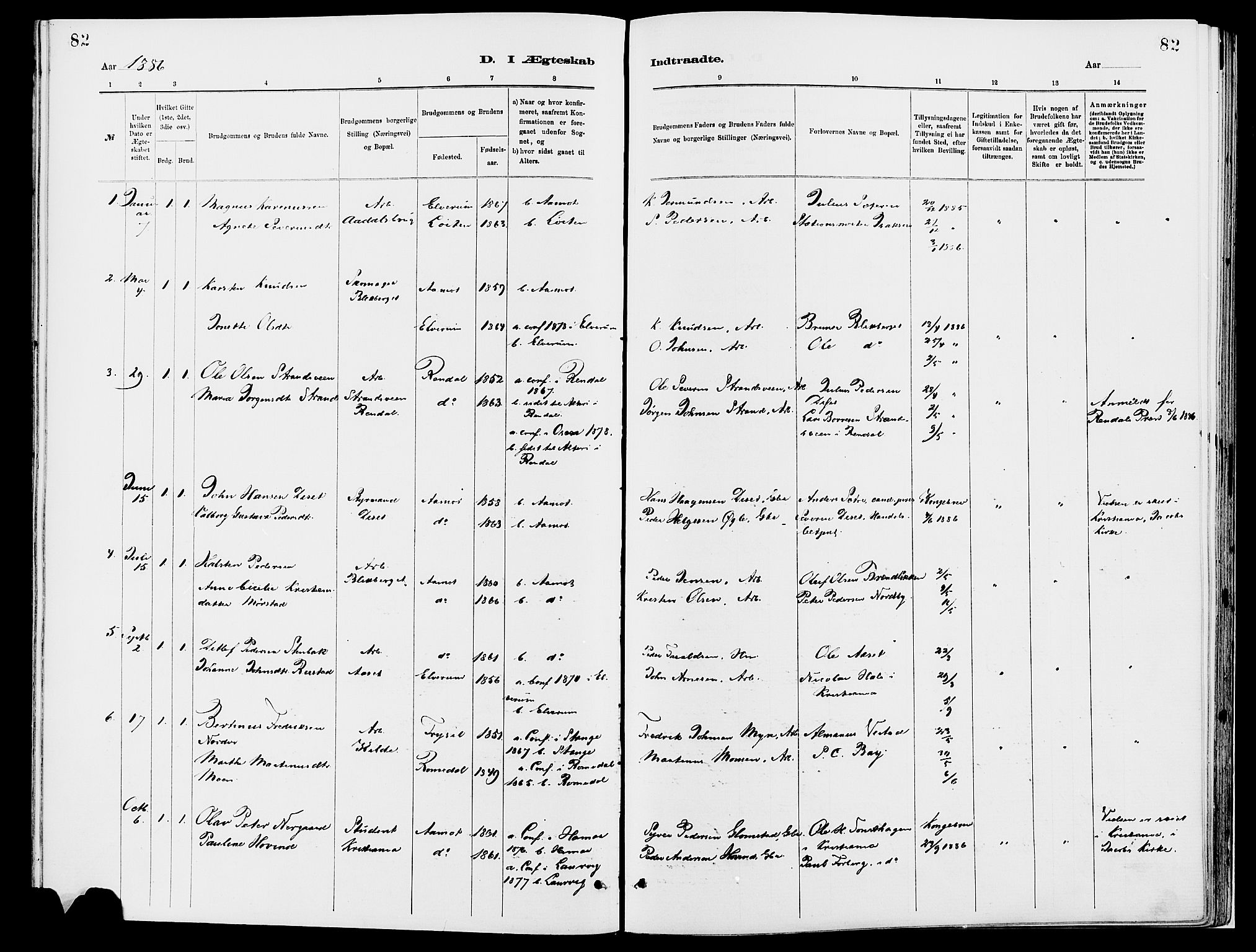 Åmot prestekontor, Hedmark, AV/SAH-PREST-056/H/Ha/Haa/L0010: Parish register (official) no. 10, 1884-1889, p. 82