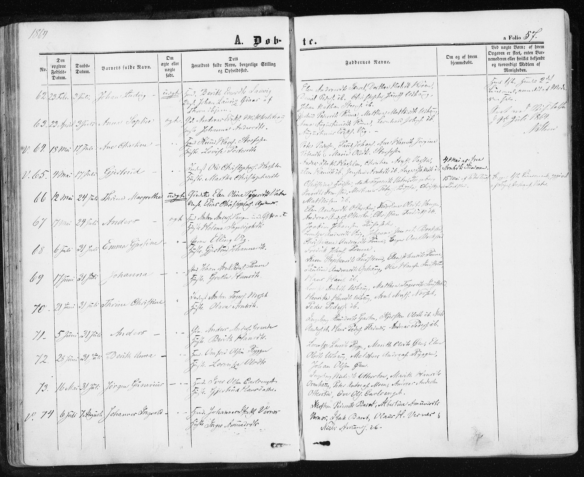 Ministerialprotokoller, klokkerbøker og fødselsregistre - Sør-Trøndelag, SAT/A-1456/659/L0737: Parish register (official) no. 659A07, 1857-1875, p. 57