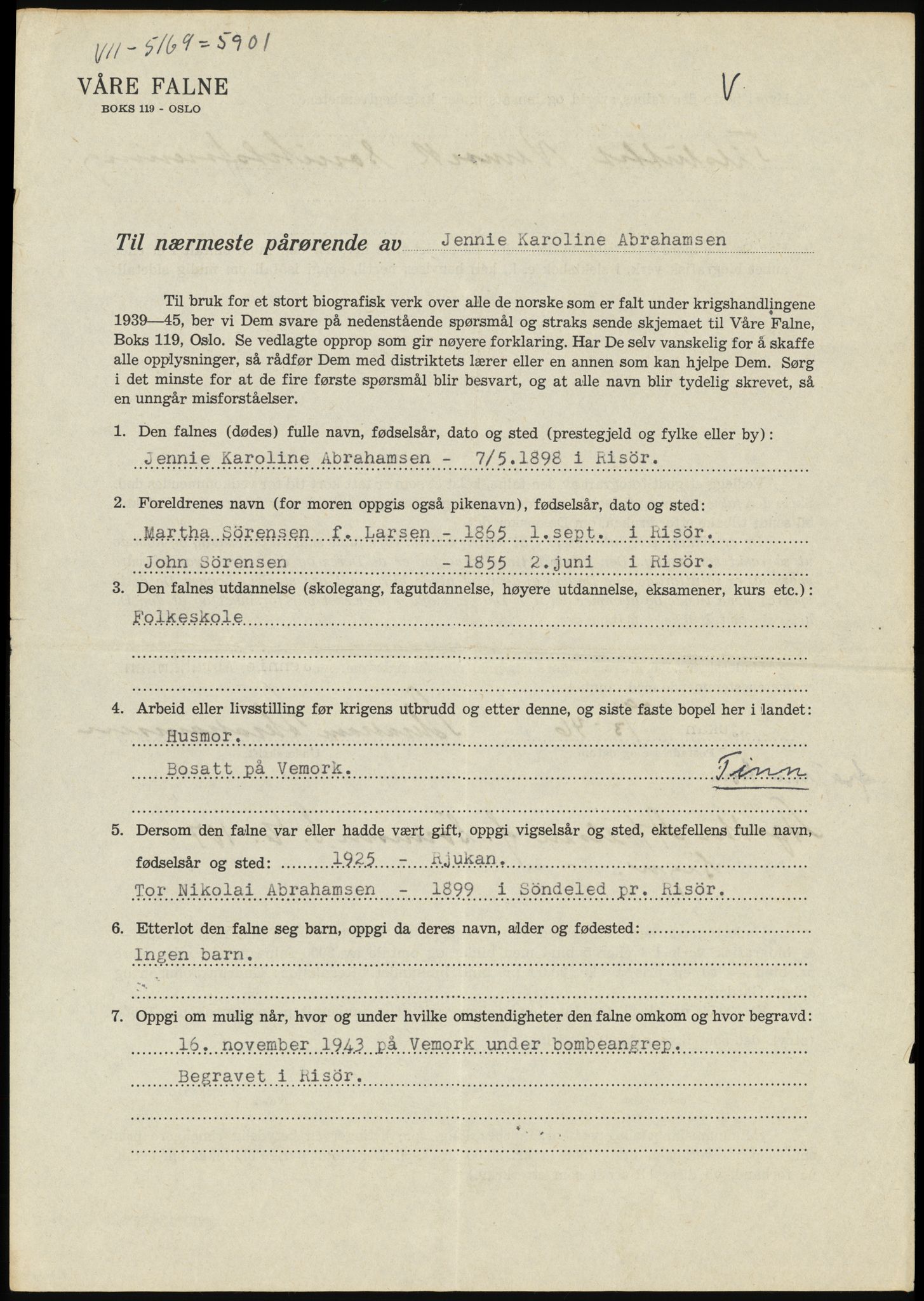 Sosialdepartementet, Våre Falne, AV/RA-S-1708/E/Ee/L0025: Personmapper: Abelsen 01 - Amundsen, H. 65, 1945-1951, p. 201