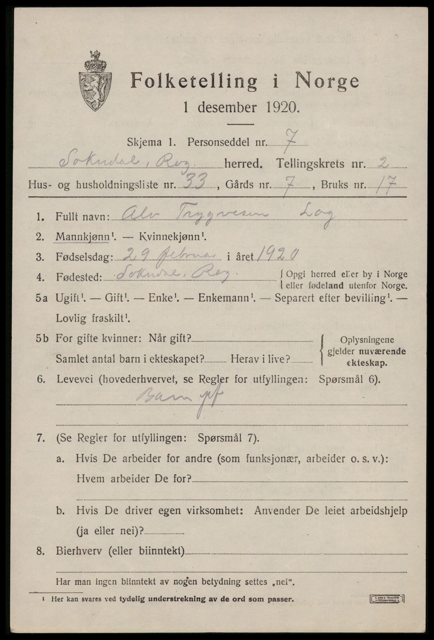 SAST, 1920 census for Sokndal, 1920, p. 2095