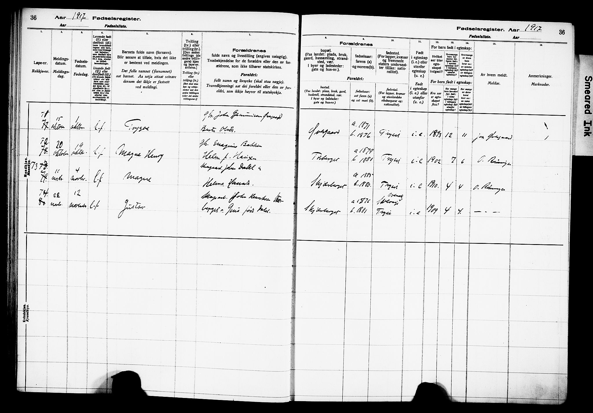 Trysil prestekontor, AV/SAH-PREST-046/I/Id/Ida/L0001: Birth register no. I 1, 1916-1927, p. 36