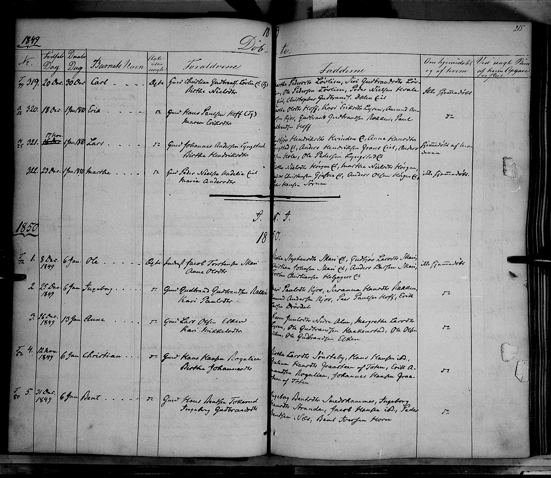 Gran prestekontor, SAH/PREST-112/H/Ha/Haa/L0011: Parish register (official) no. 11, 1842-1856, p. 214-215