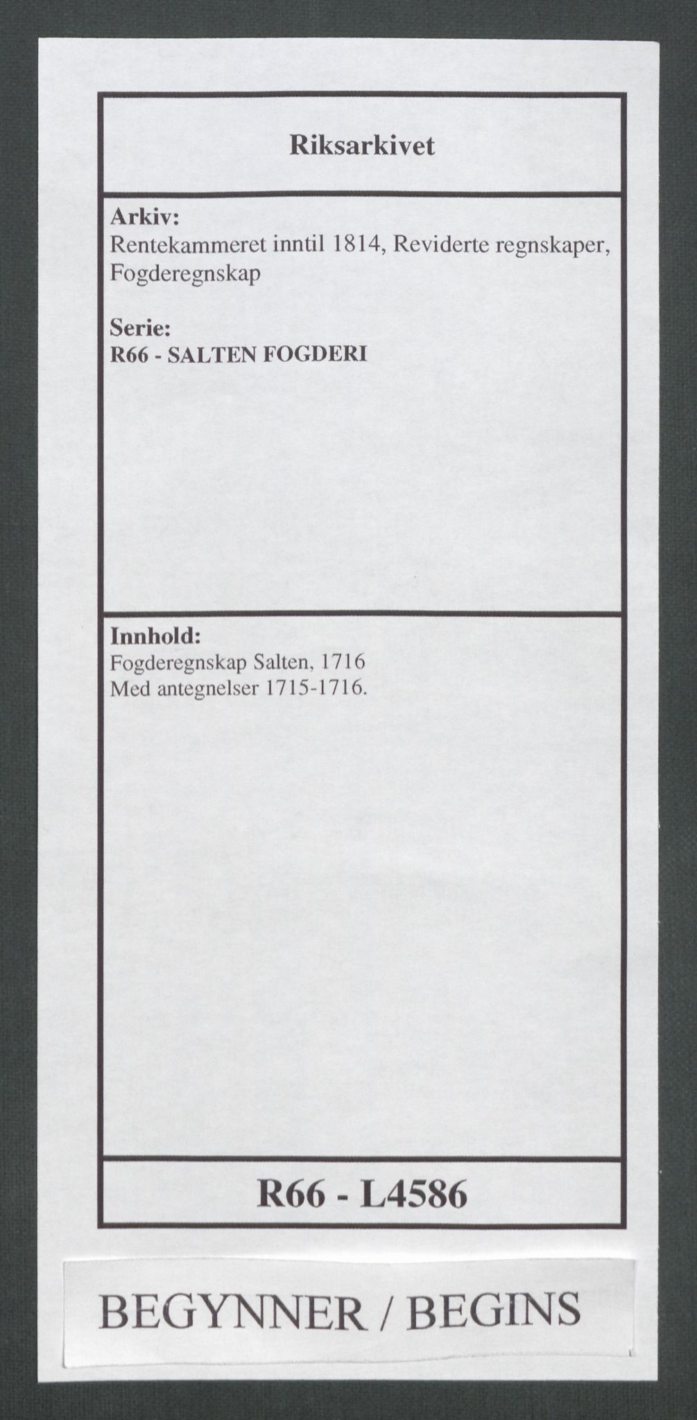 Rentekammeret inntil 1814, Reviderte regnskaper, Fogderegnskap, AV/RA-EA-4092/R66/L4586: Fogderegnskap Salten, 1716, p. 1