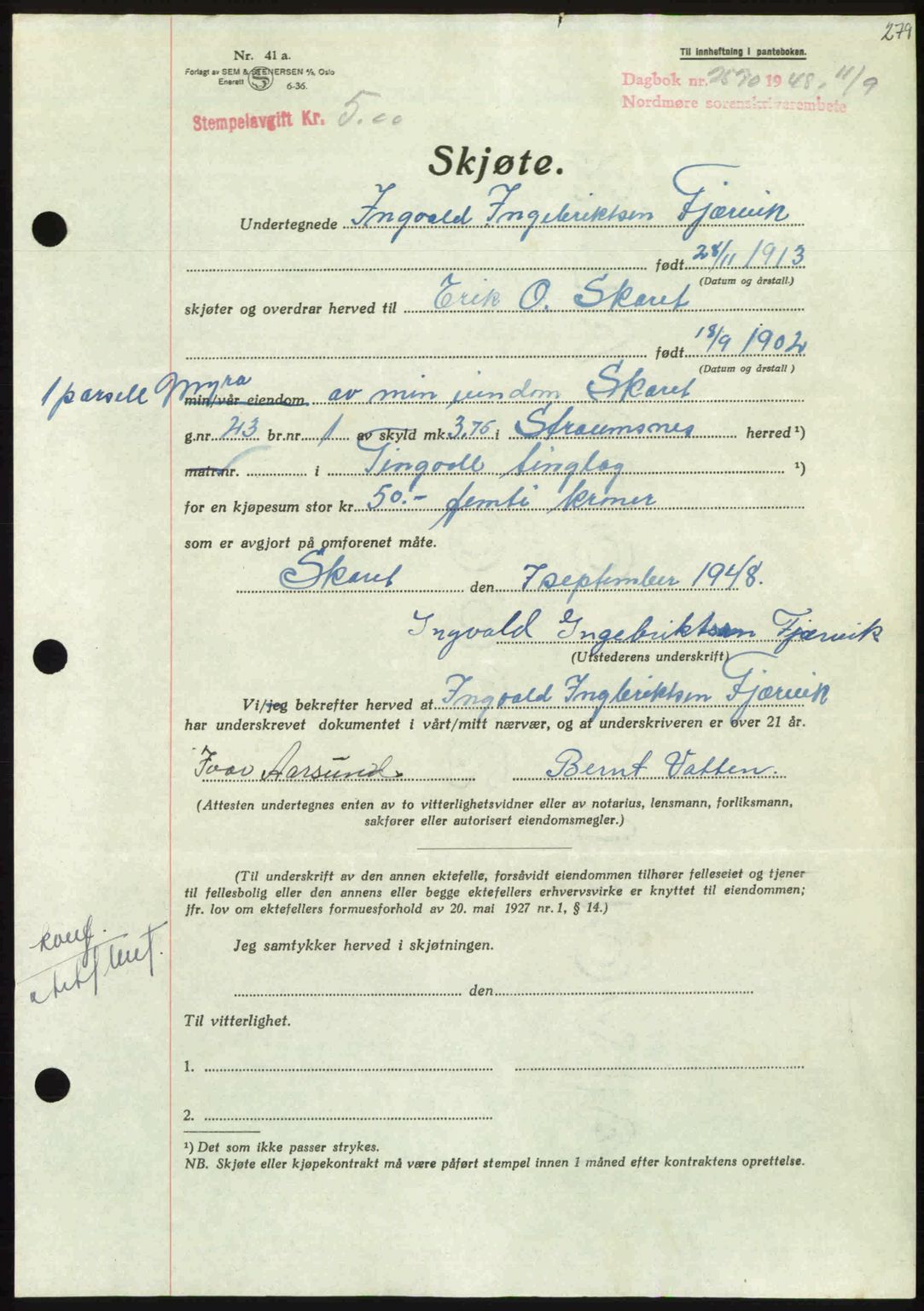 Nordmøre sorenskriveri, AV/SAT-A-4132/1/2/2Ca: Mortgage book no. A109, 1948-1948, Diary no: : 2570/1948