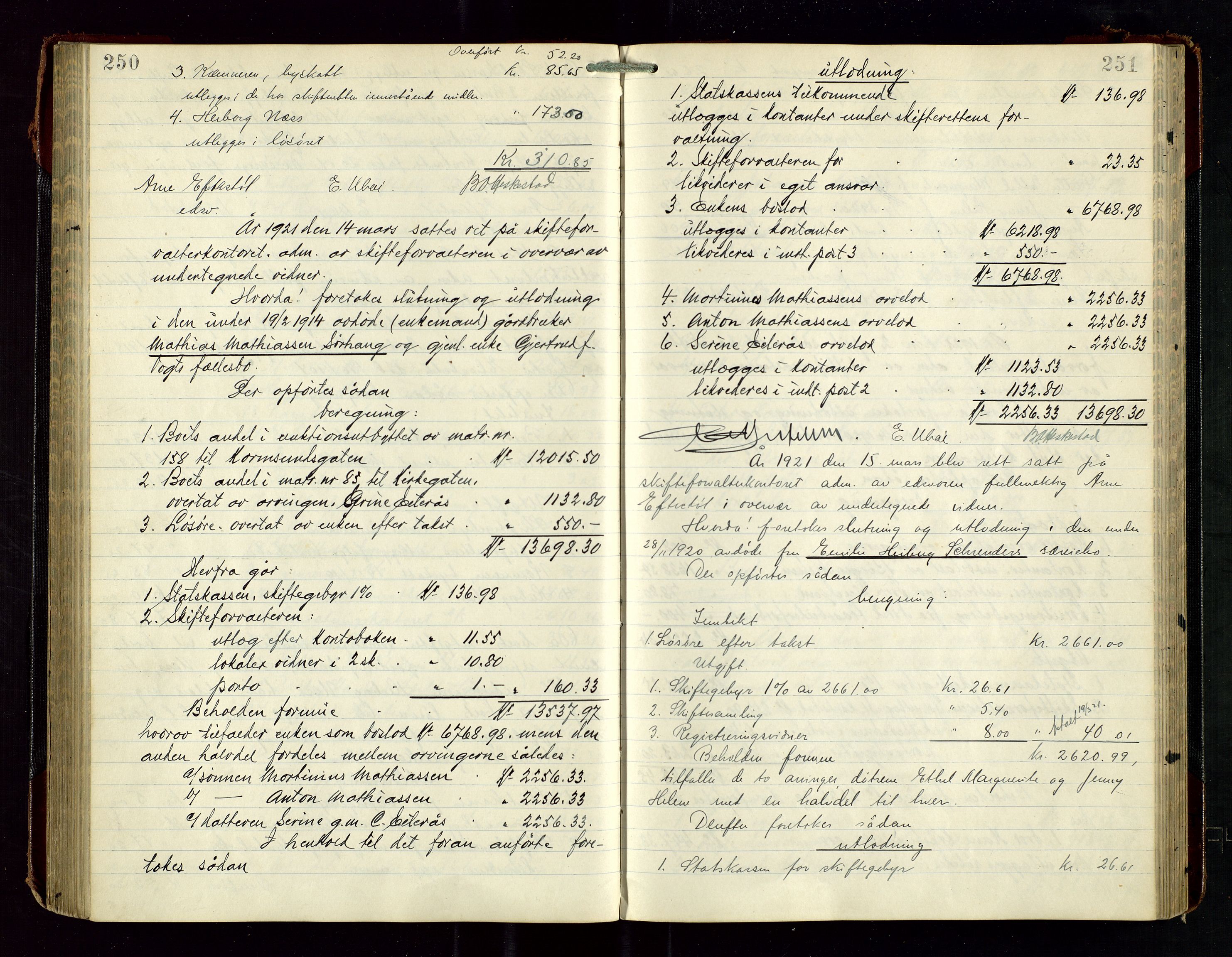 Haugesund tingrett, SAST/A-101415/01/IV/IVD/L0003: Skifteutlodningsprotokoll, med register, 1915-1924, p. 250-251