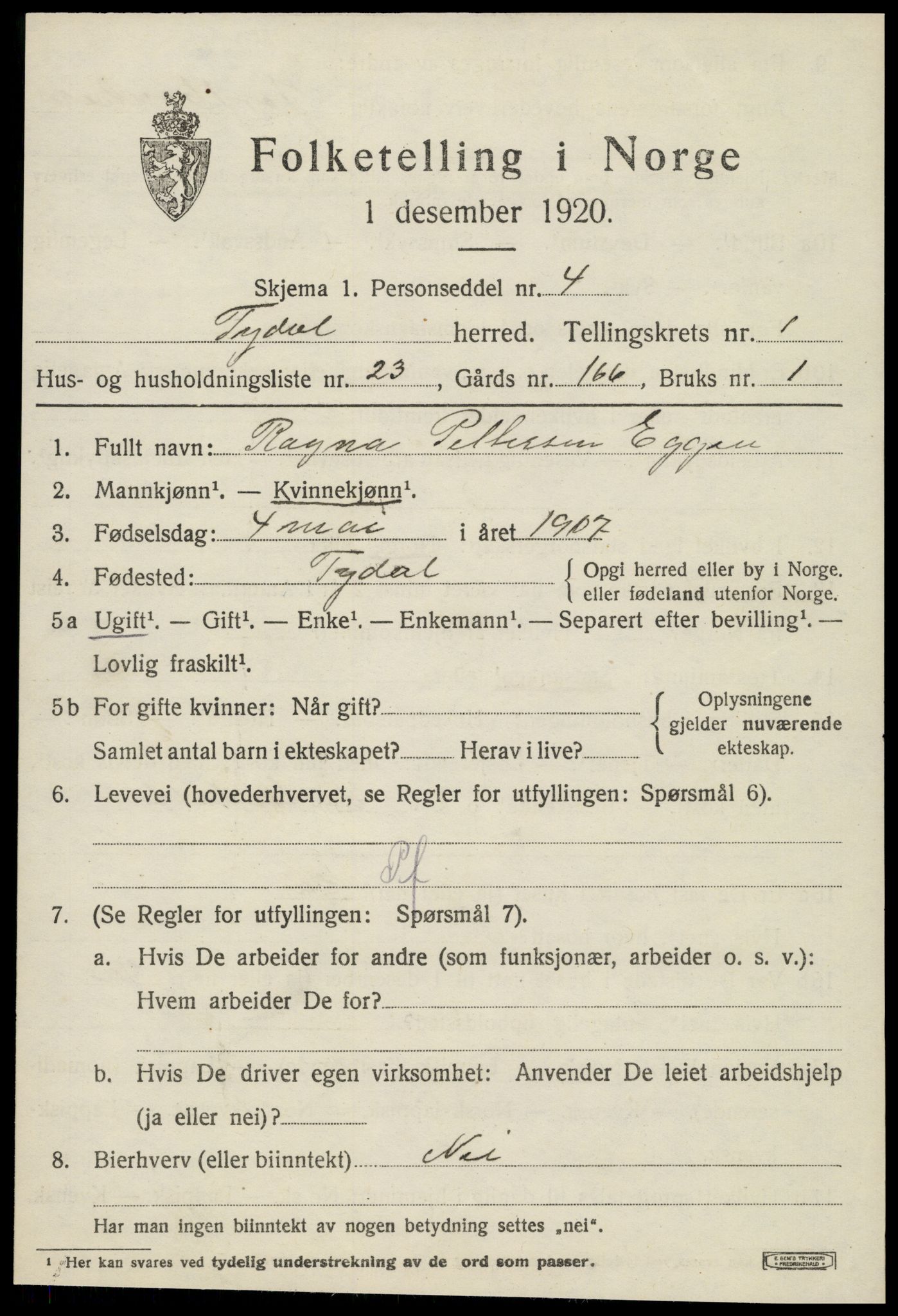 SAT, 1920 census for Tydal, 1920, p. 565