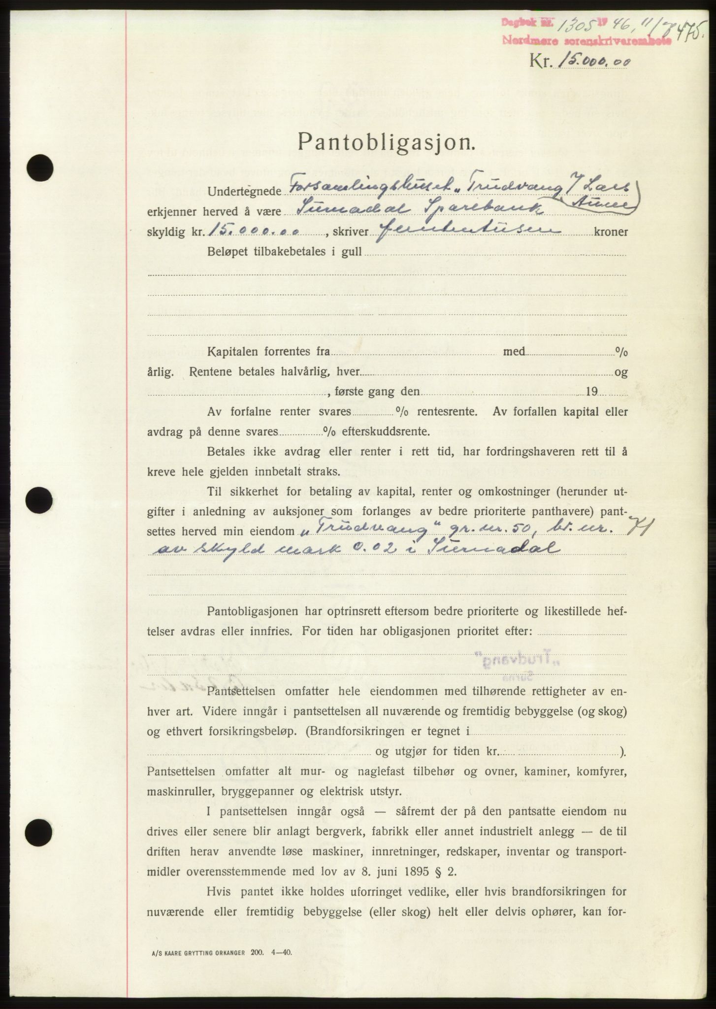 Nordmøre sorenskriveri, AV/SAT-A-4132/1/2/2Ca: Mortgage book no. B94, 1946-1946, Diary no: : 1305/1946