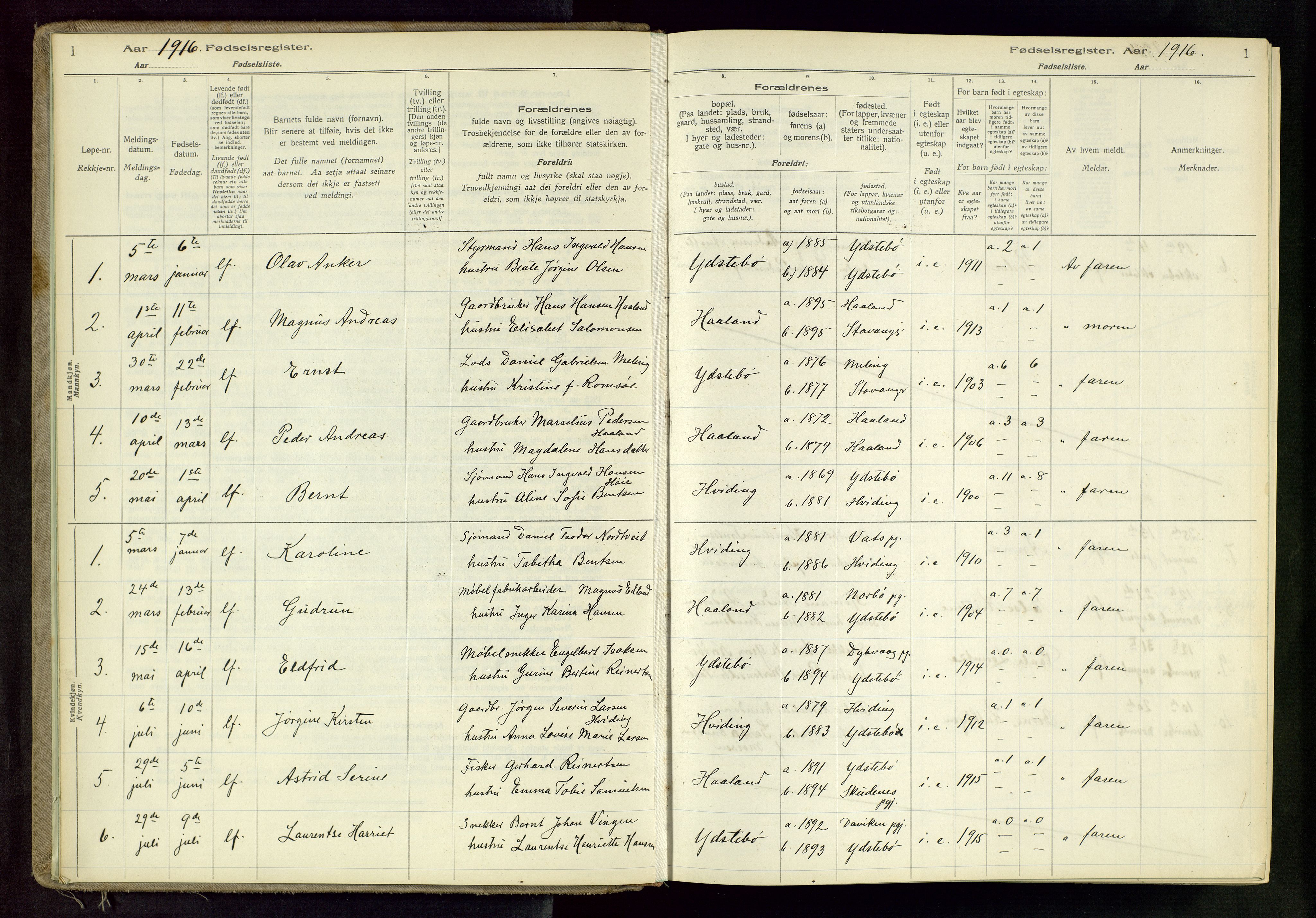 Randaberg sokneprestkontor, SAST/A-101798/001/A/L0004: Birth register no. 4, 1916-1982, p. 1
