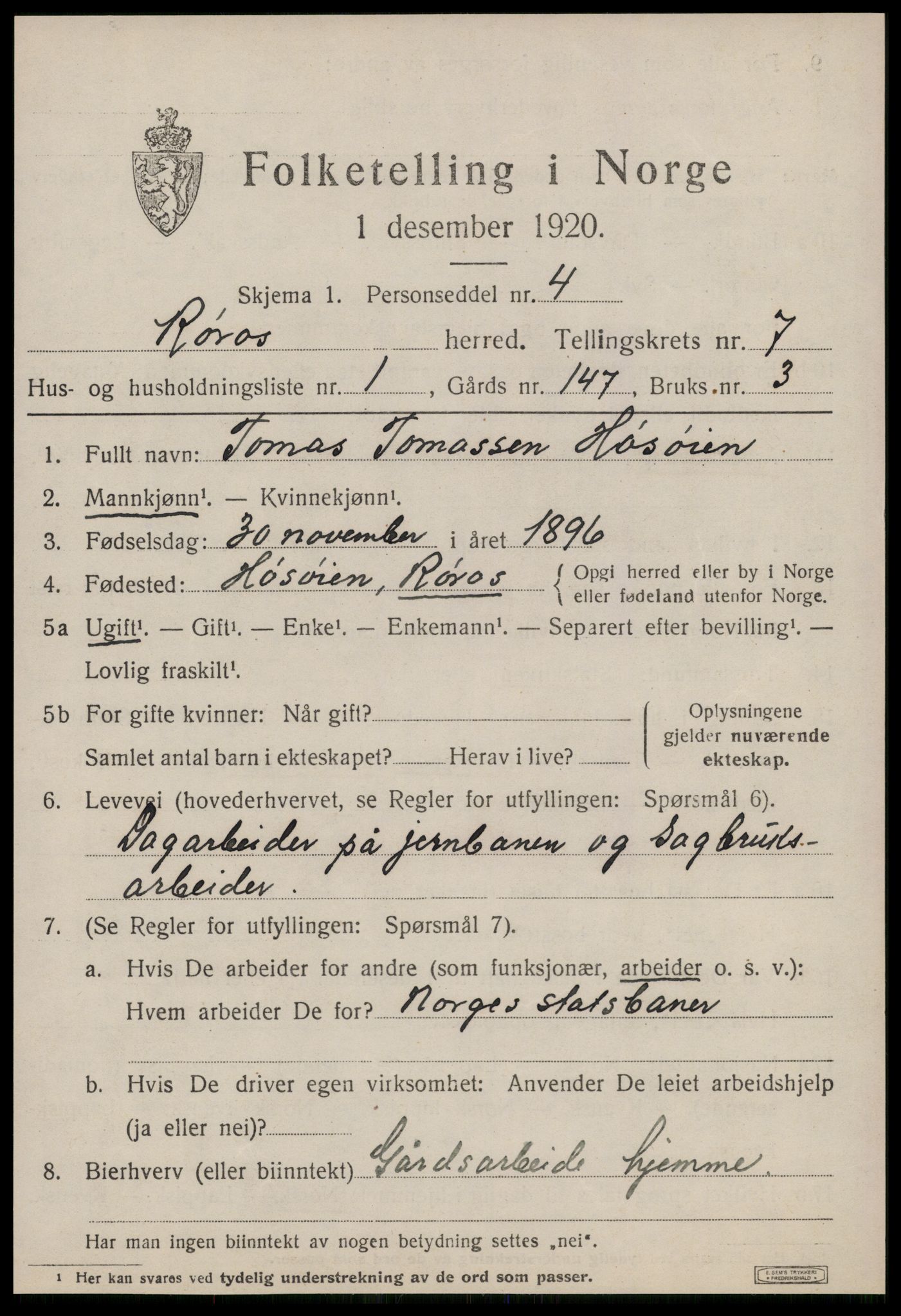 SAT, 1920 census for Røros, 1920, p. 6914