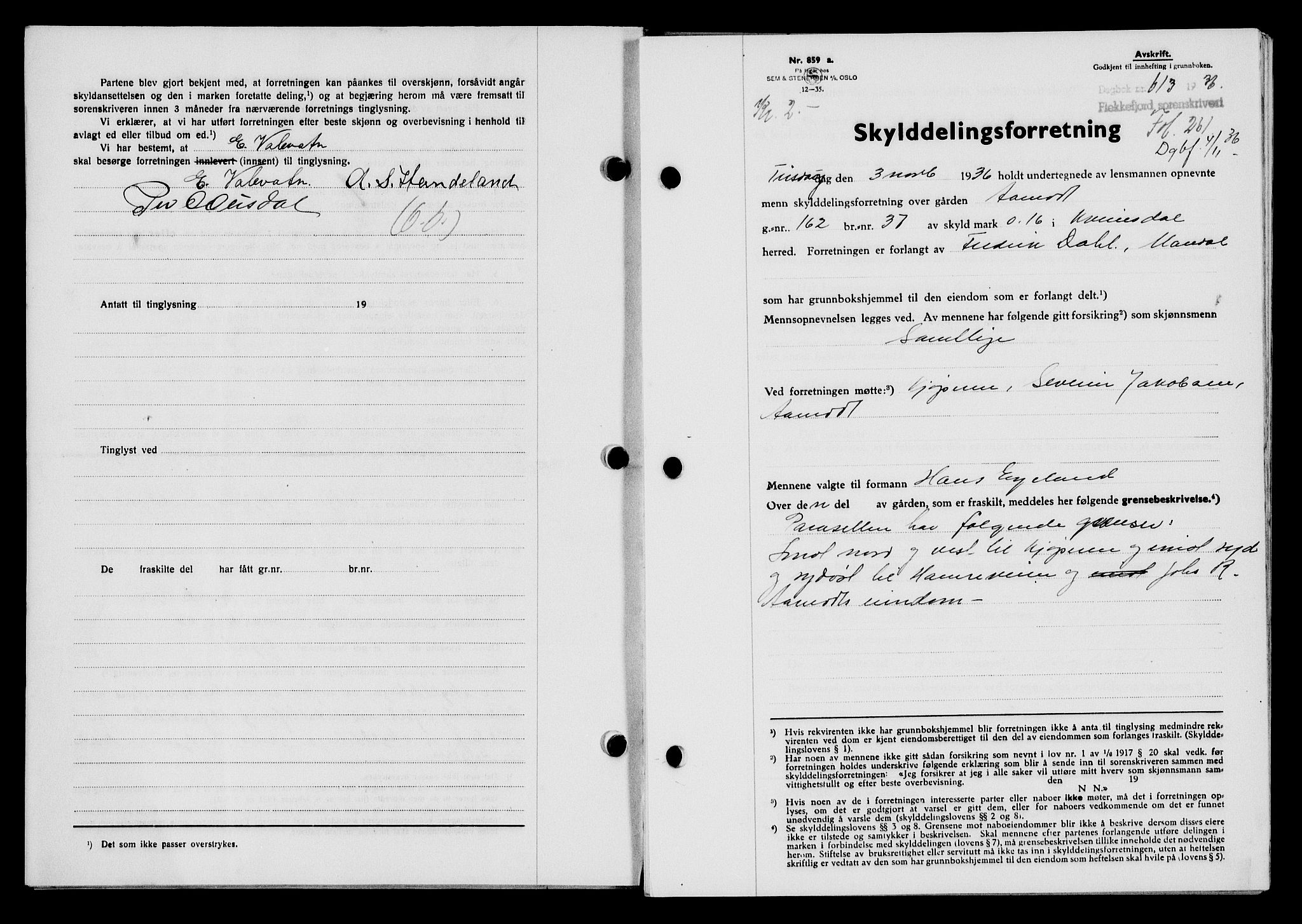 Flekkefjord sorenskriveri, SAK/1221-0001/G/Gb/Gba/L0053: Mortgage book no. A-1, 1936-1937, Diary no: : 613/1936