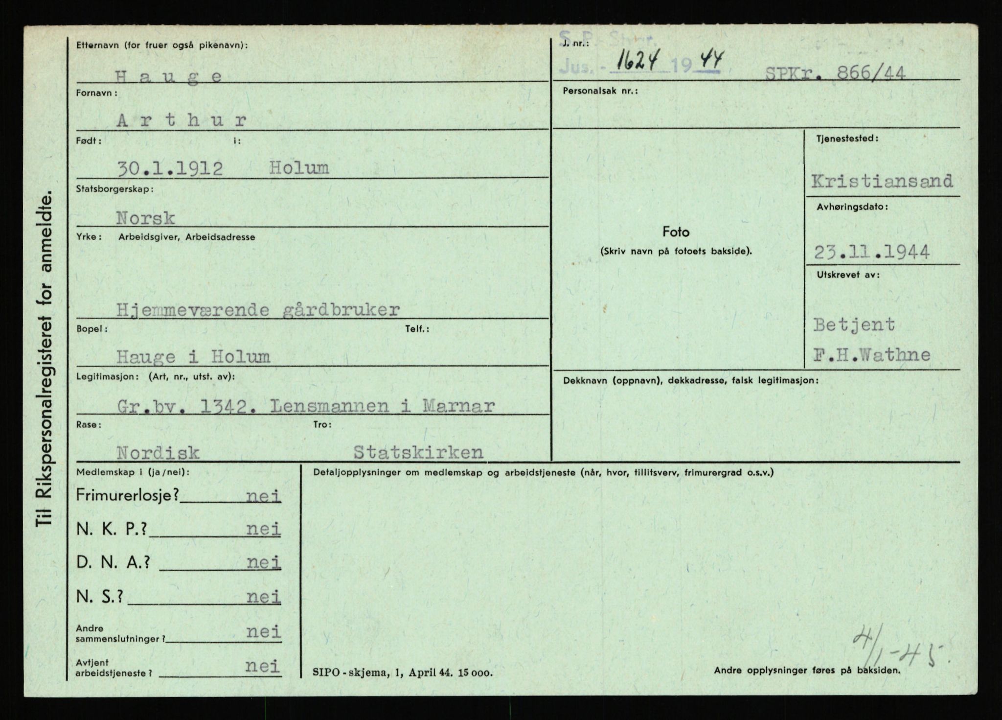 Statspolitiet - Hovedkontoret / Osloavdelingen, AV/RA-S-1329/C/Ca/L0006: Hanche - Hokstvedt, 1943-1945, p. 2243