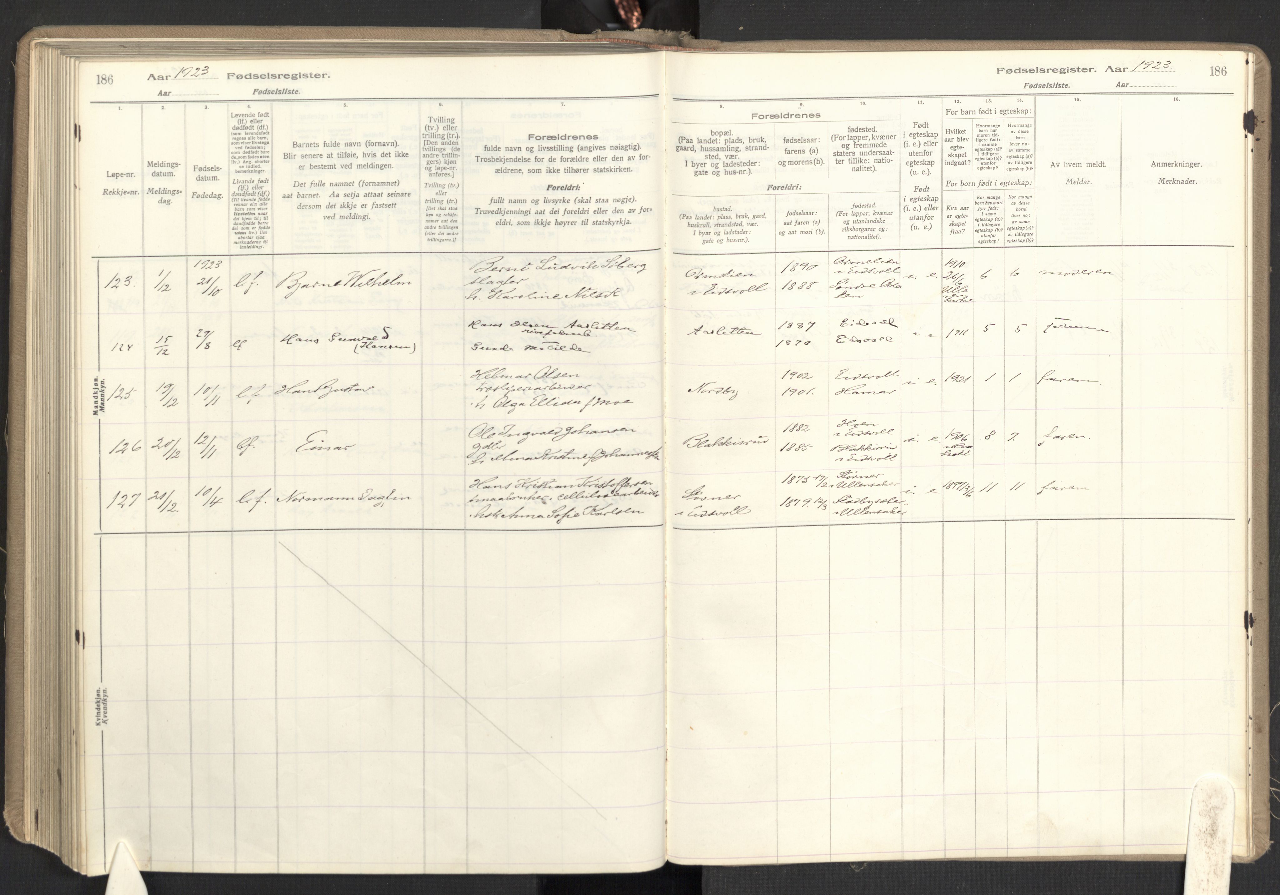 Eidsvoll prestekontor Kirkebøker, SAO/A-10888: Birth register no. I 1, 1916-1924, p. 186
