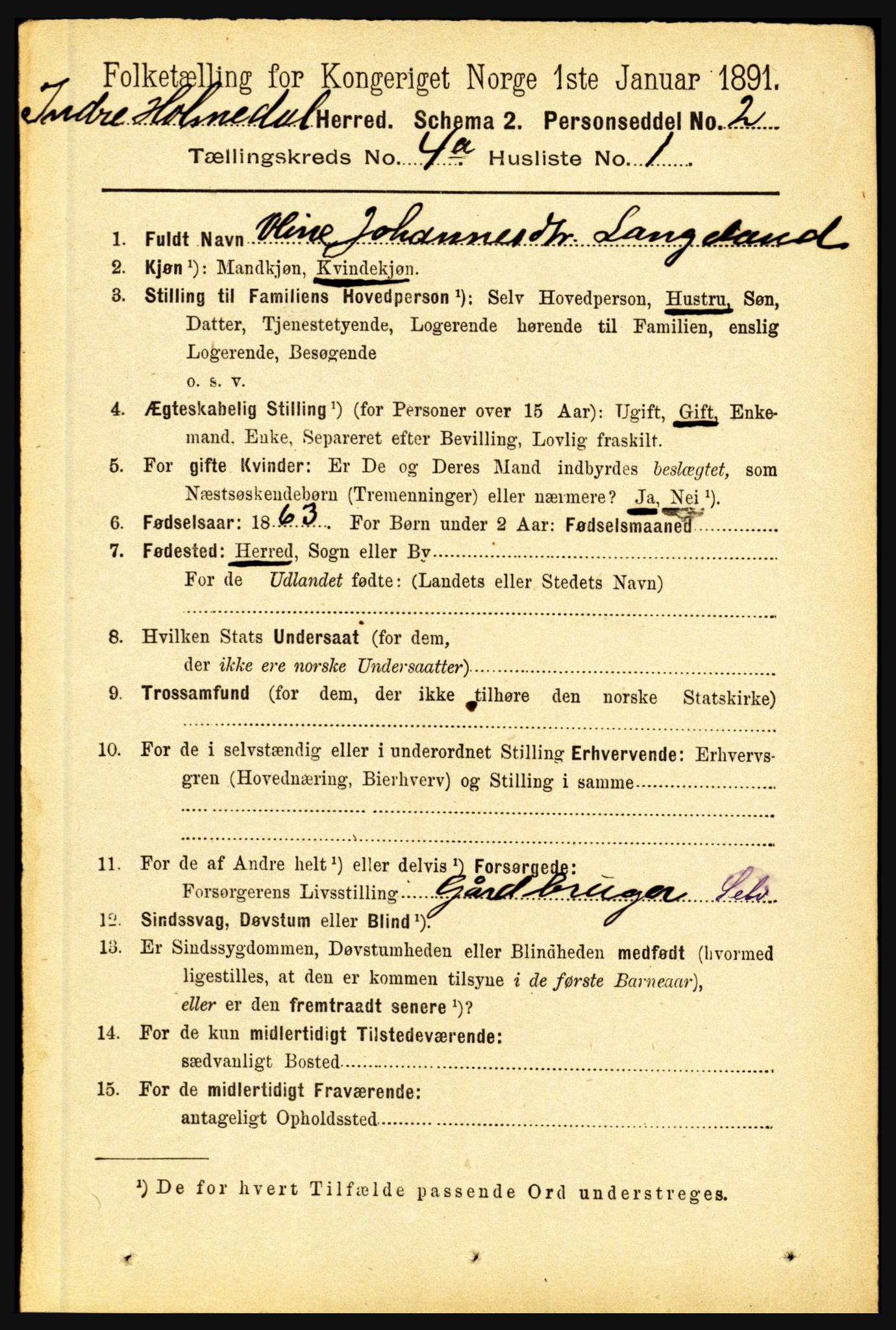 RA, 1891 census for 1430 Indre Holmedal, 1891, p. 1325