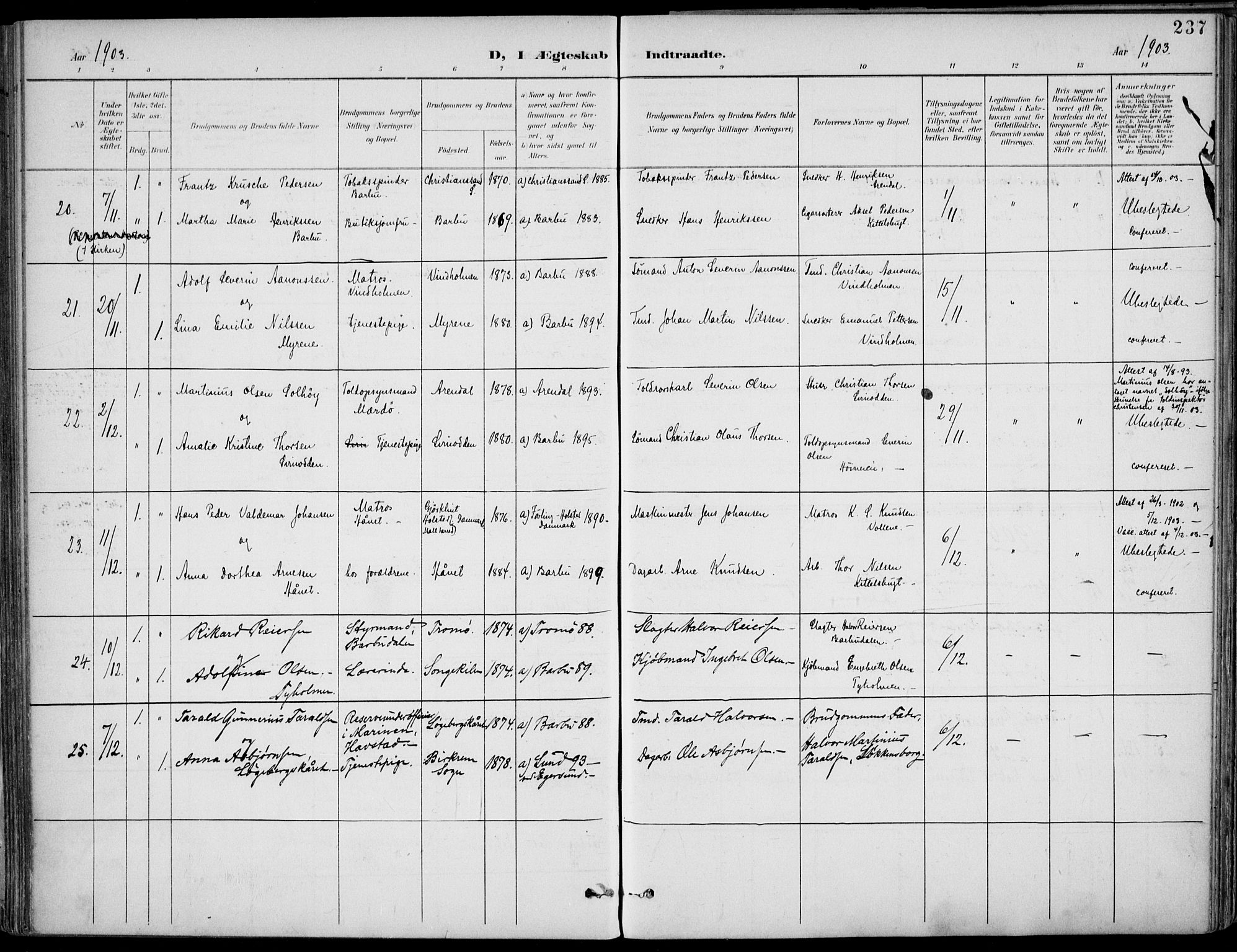 Barbu sokneprestkontor, SAK/1111-0003/F/Fa/L0005: Parish register (official) no. A 5, 1899-1909, p. 237