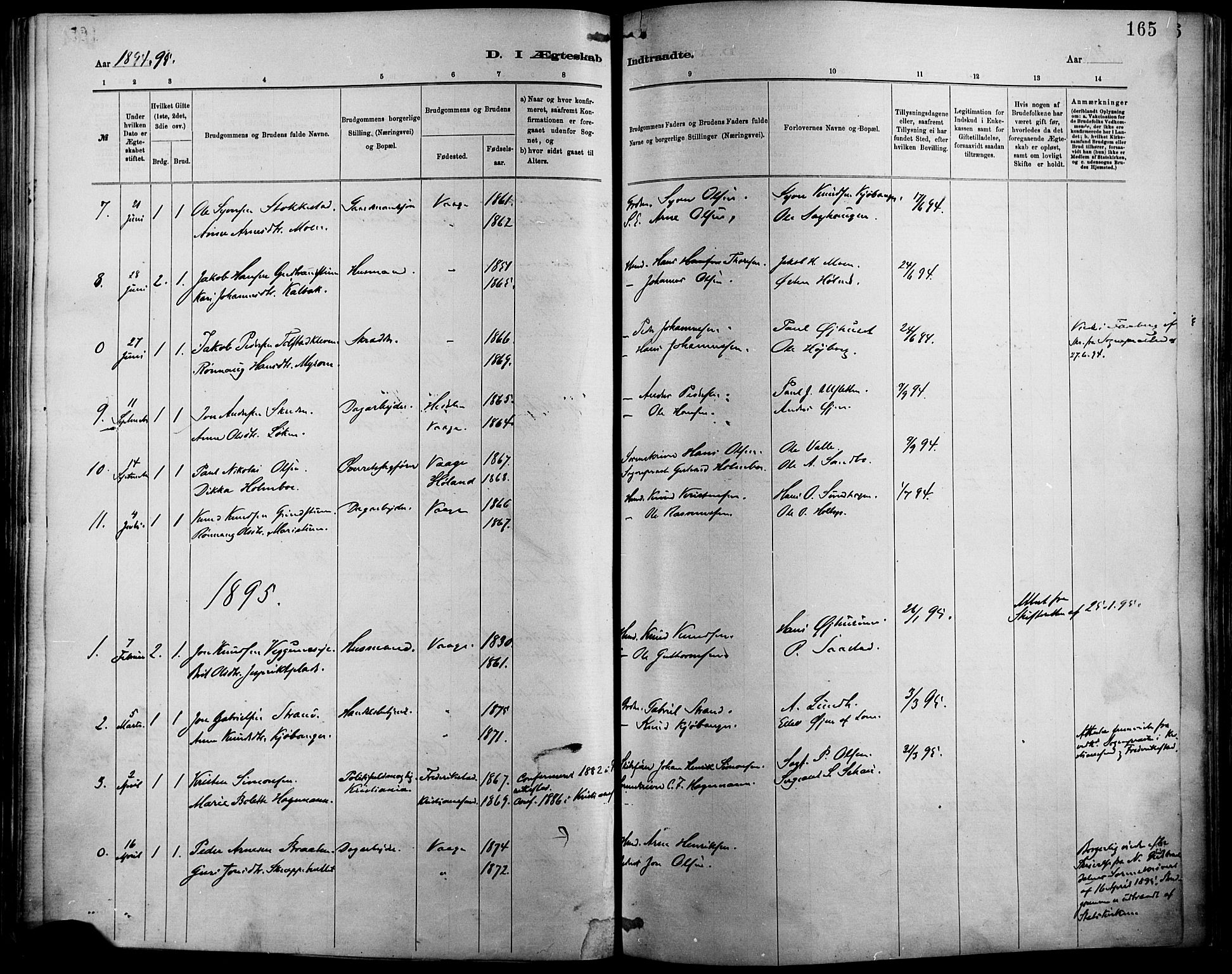 Vågå prestekontor, SAH/PREST-076/H/Ha/Haa/L0009: Parish register (official) no. 9, 1886-1904, p. 165