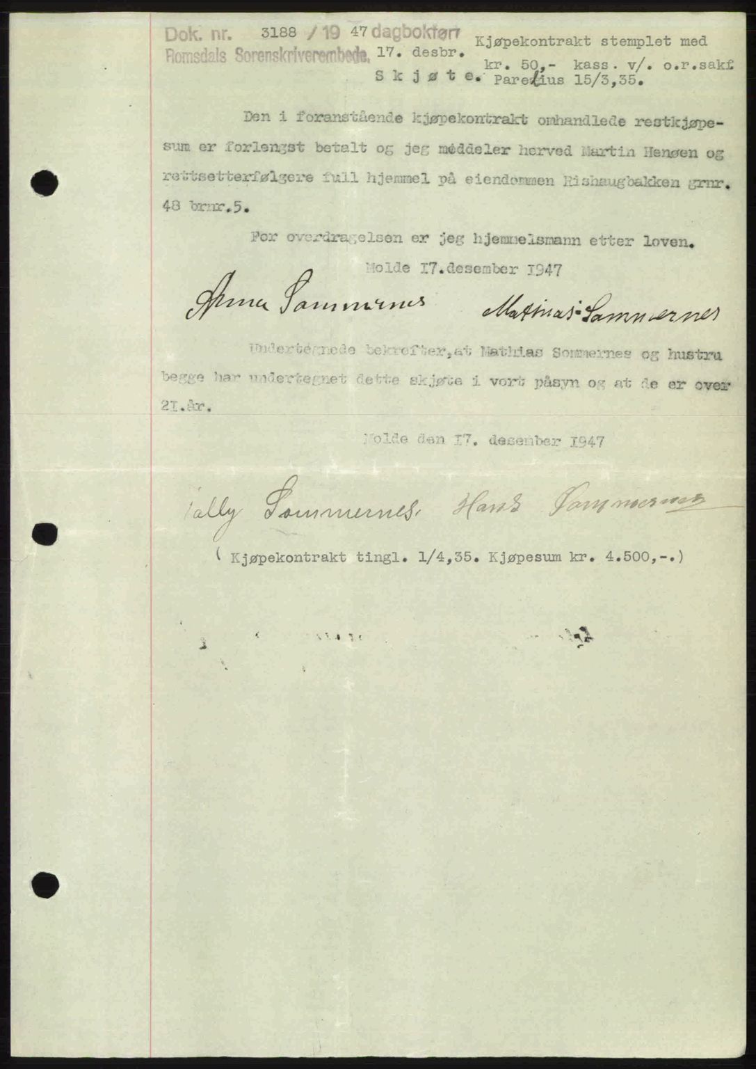Romsdal sorenskriveri, SAT/A-4149/1/2/2C: Mortgage book no. A24, 1947-1947, Diary no: : 3188/1947