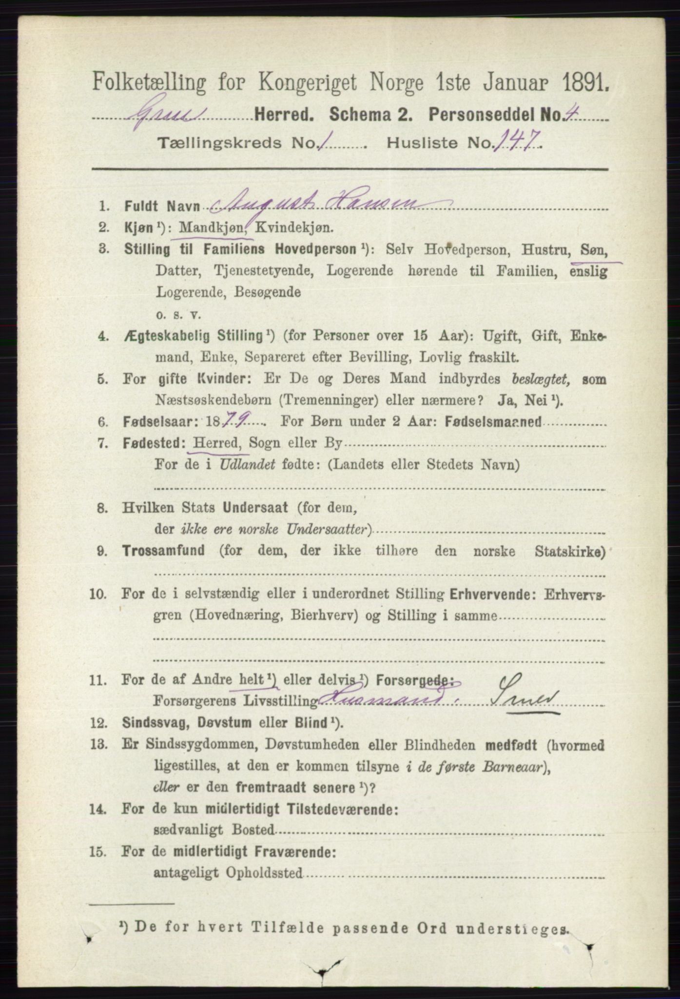 RA, 1891 census for 0423 Grue, 1891, p. 998