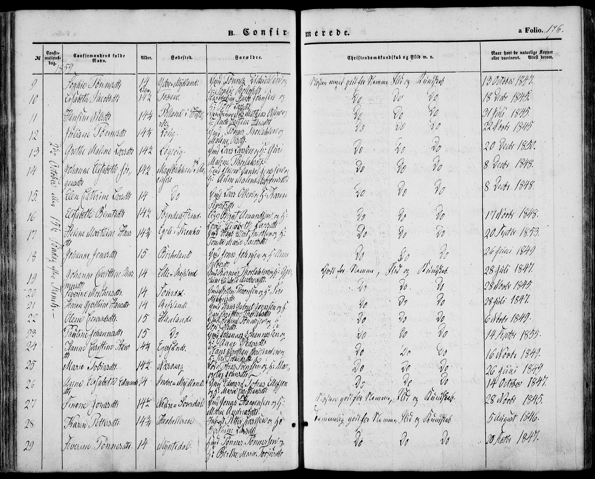 Sokndal sokneprestkontor, AV/SAST-A-101808: Parish register (official) no. A 9, 1857-1874, p. 176