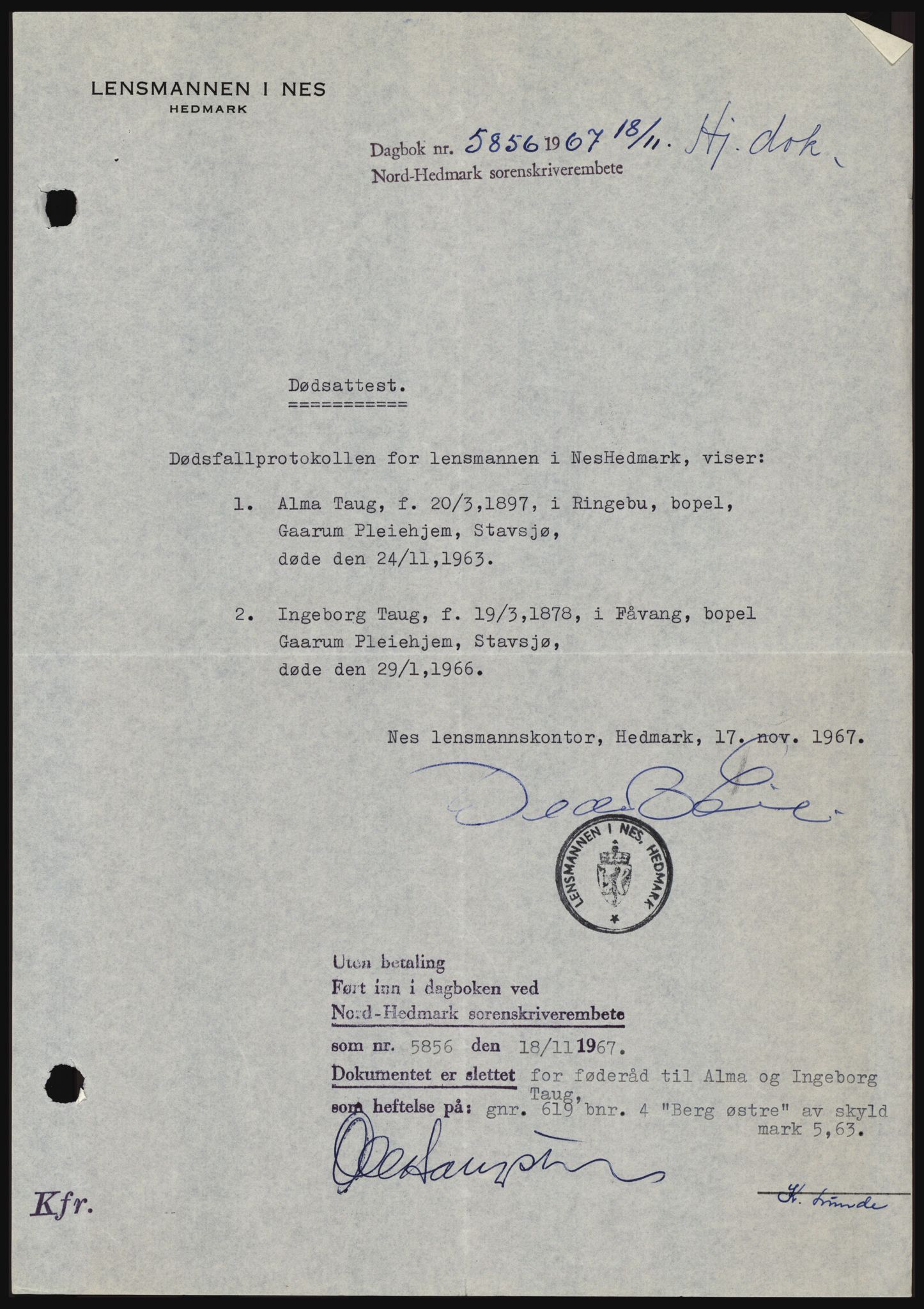 Nord-Hedmark sorenskriveri, SAH/TING-012/H/Hc/L0027: Mortgage book no. 27, 1967-1968, Diary no: : 5856/1967