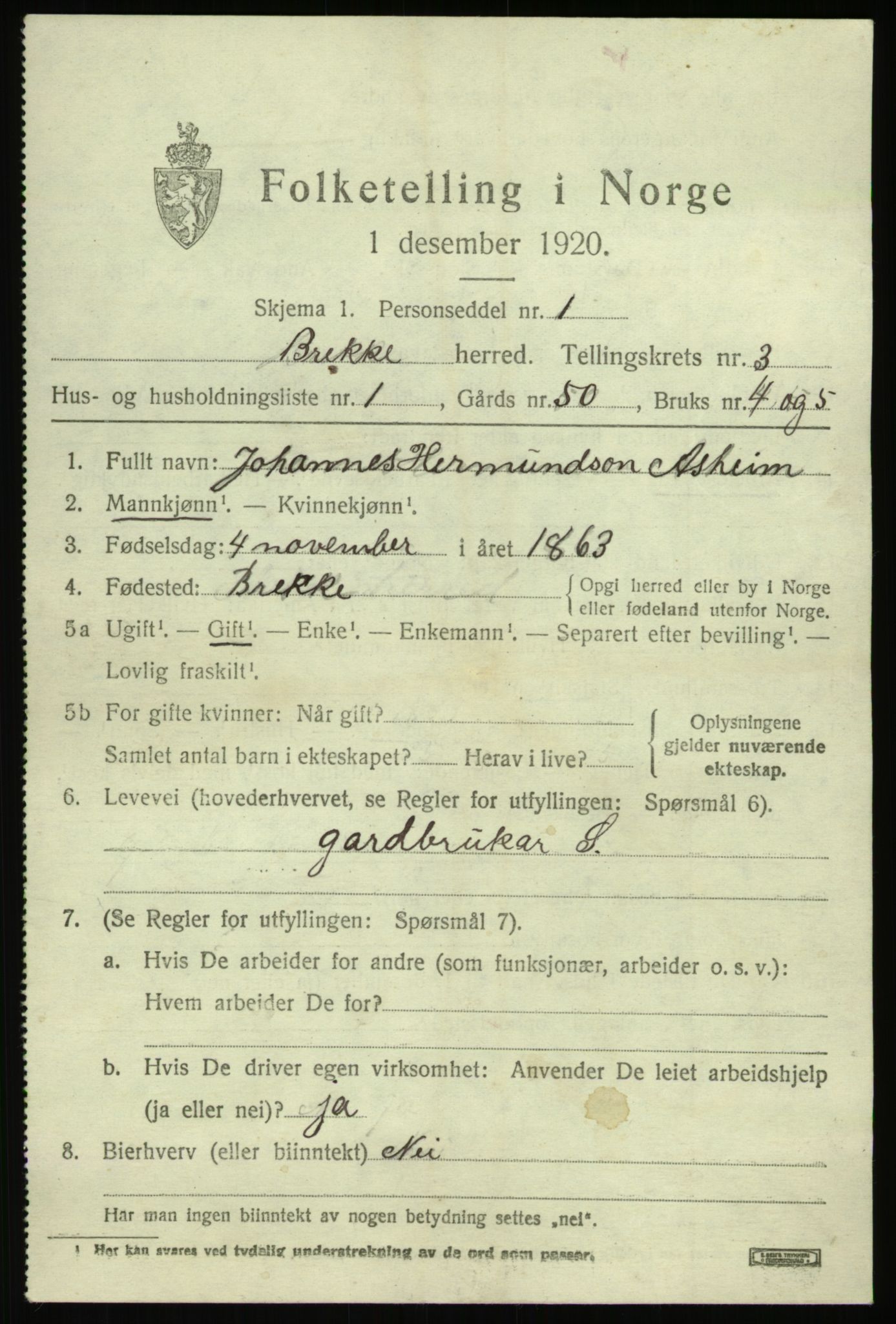 SAB, 1920 census for Brekke, 1920, p. 698