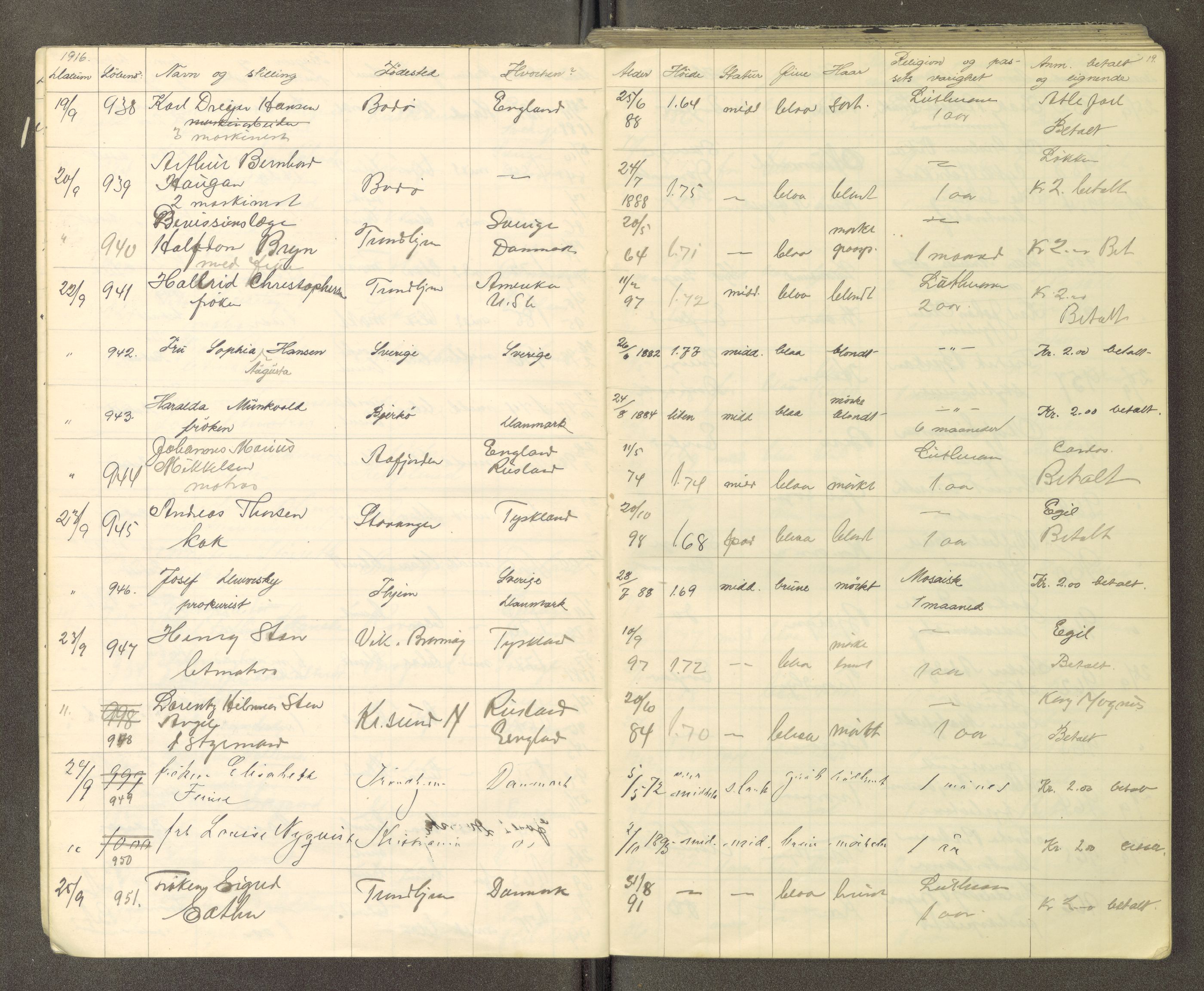 Trondheim politikammer, AV/SAT-A-1887/1/30/L0015: Passprotokoll. Utstedte pass, 1916-1918, p. 19