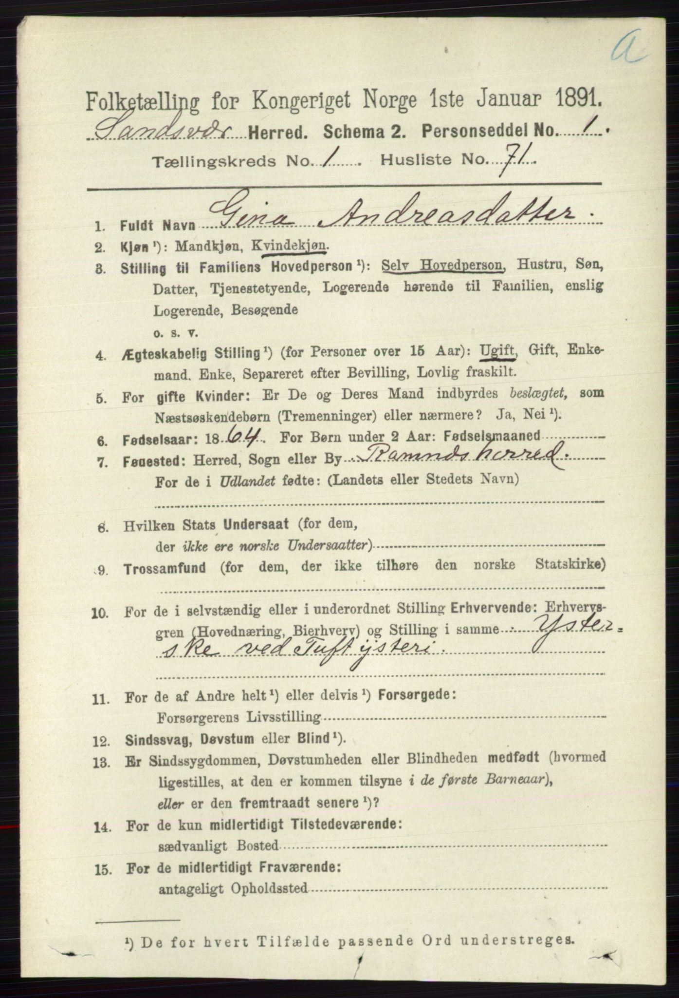 RA, 1891 census for 0629 Sandsvær, 1891, p. 573