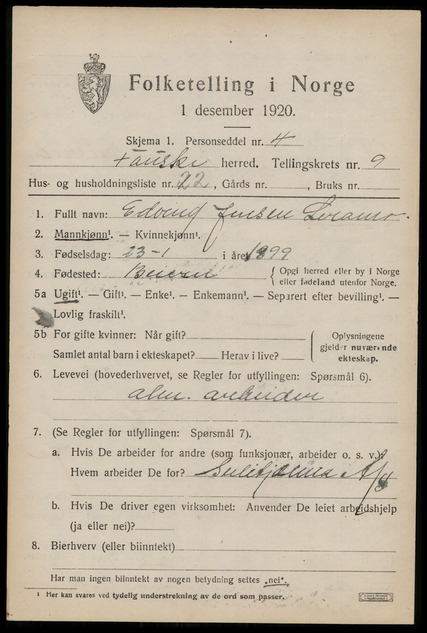 SAT, 1920 census for Fauske, 1920, p. 7590