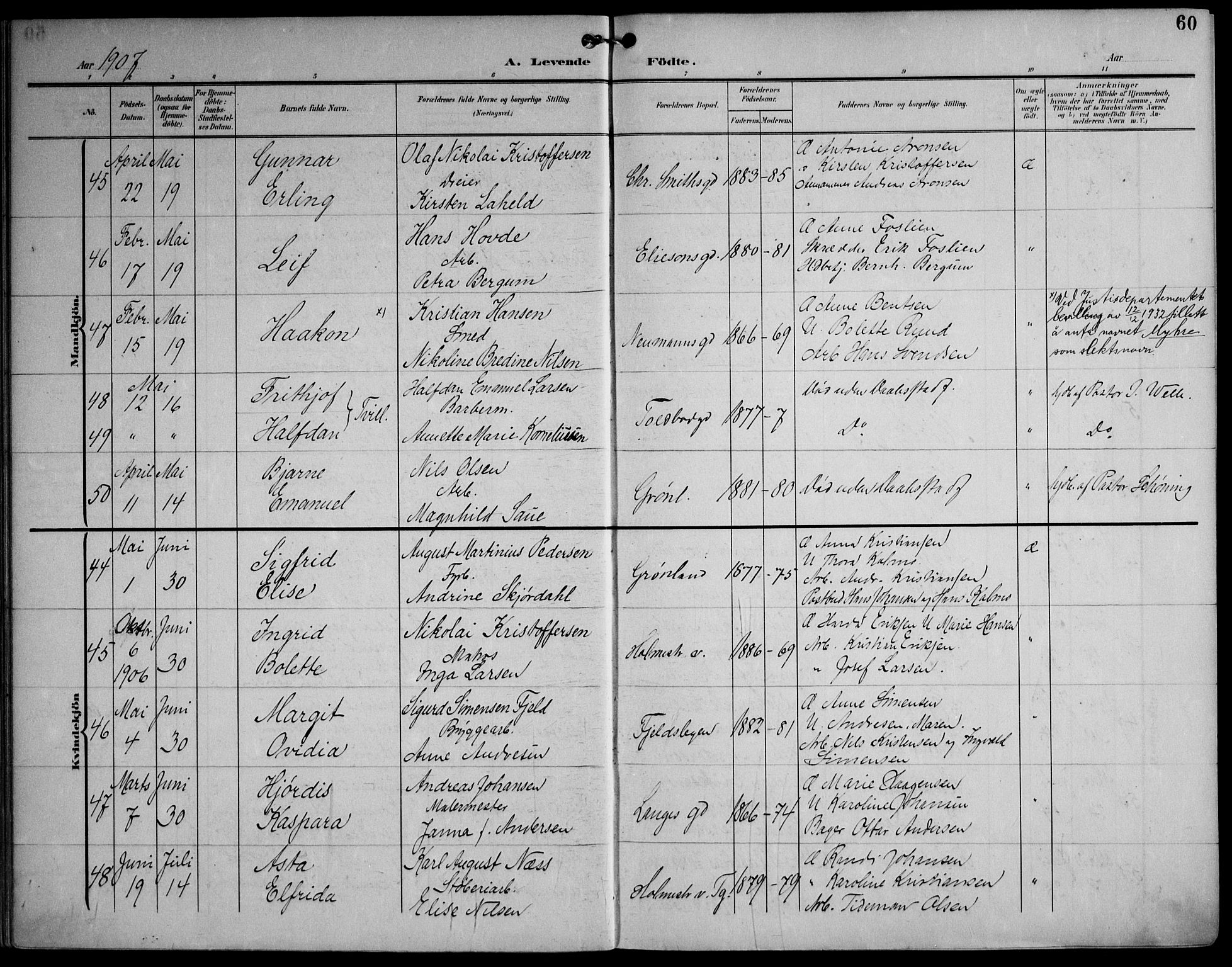 Strømsø kirkebøker, AV/SAKO-A-246/F/Fa/L0026: Parish register (official) no. I 26, 1905-1914, p. 60