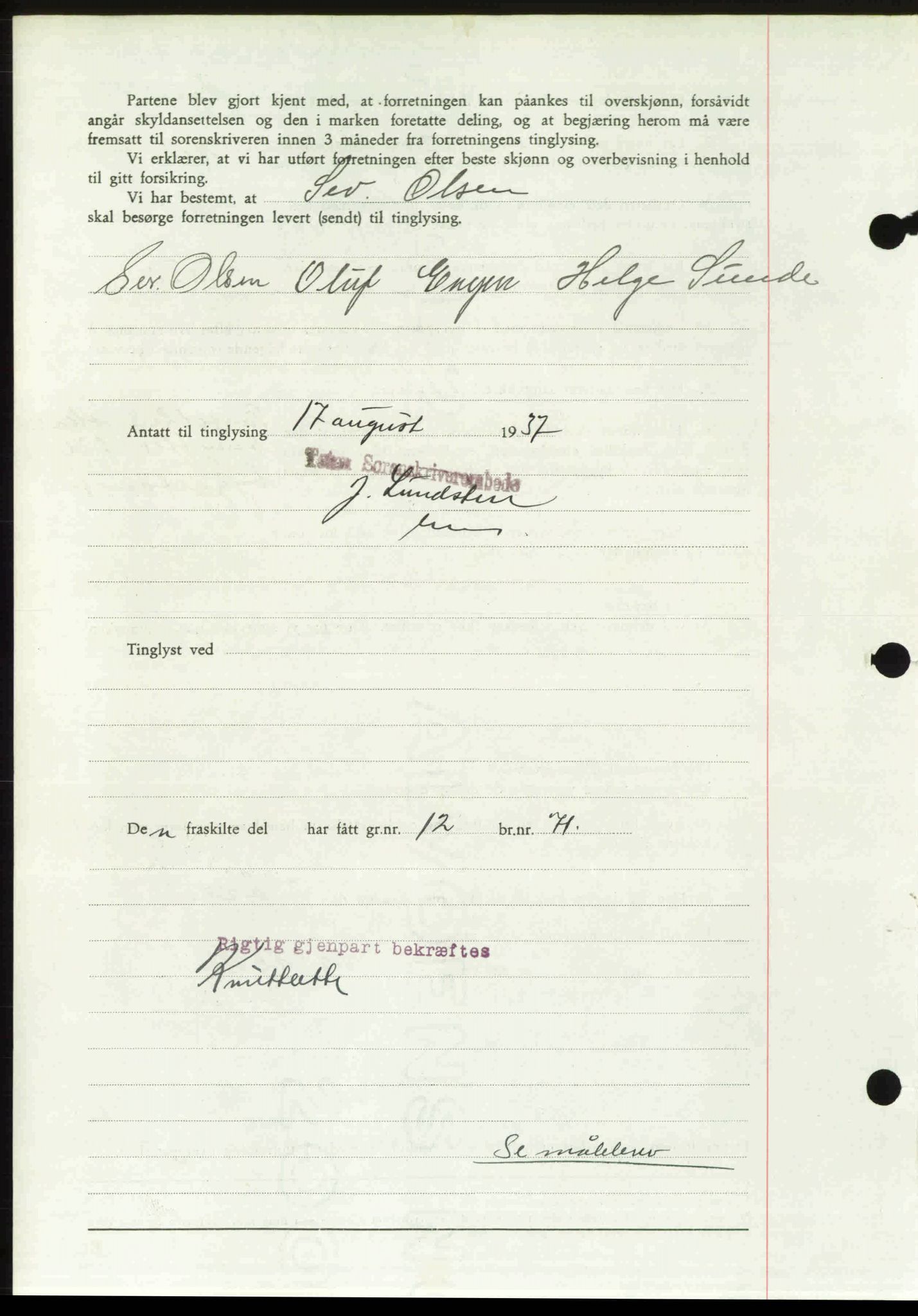 Toten tingrett, SAH/TING-006/H/Hb/Hbc/L0003: Mortgage book no. Hbc-03, 1937-1938, Diary no: : 1963/1937