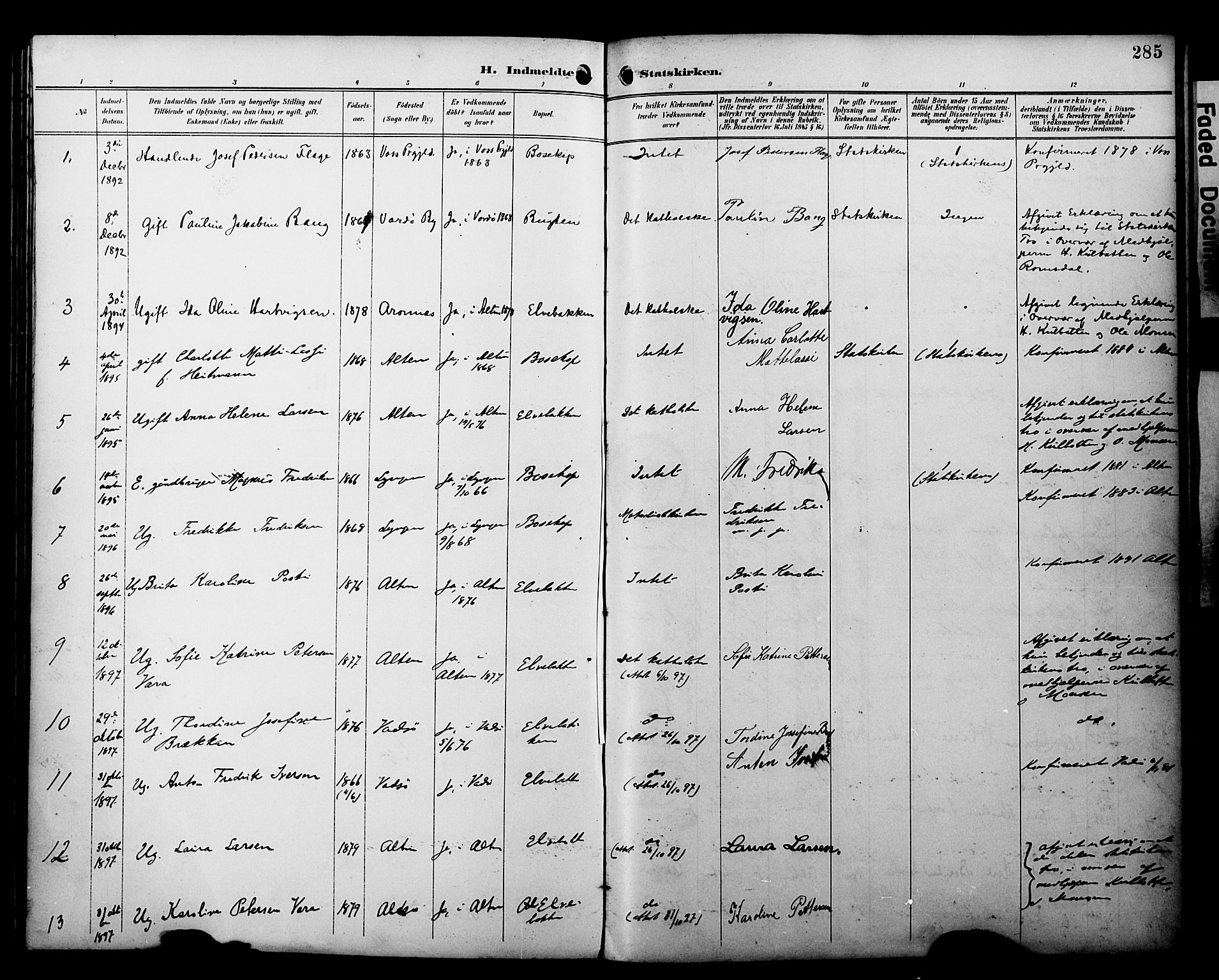 Alta sokneprestkontor, AV/SATØ-S-1338/H/Ha/L0003.kirke: Parish register (official) no. 3, 1892-1904, p. 285